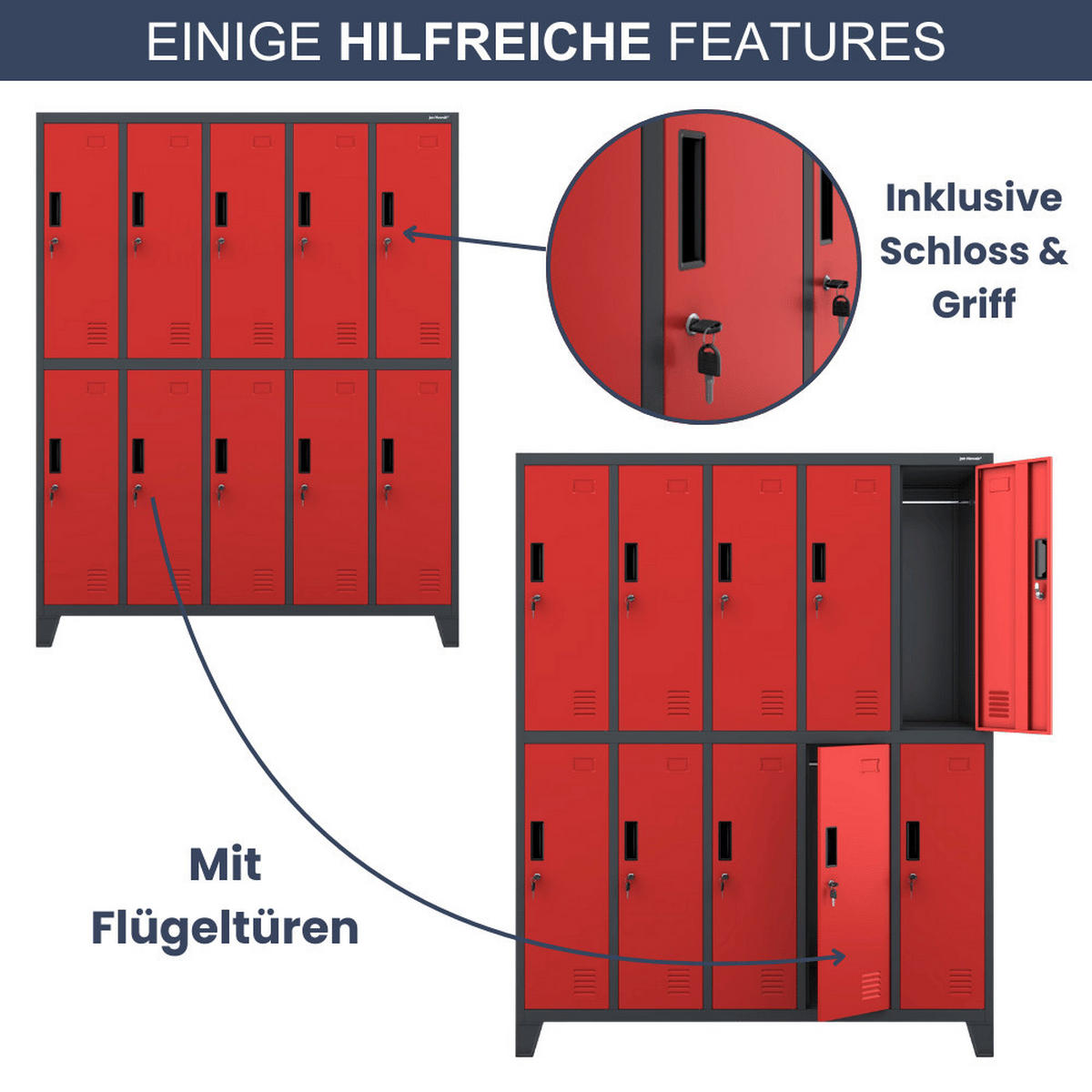 UMKLEIDESCHRANK Spind BERLIN 10 Abteile 172x136x45cm Anthrazit-Rot - Anthrazit, Metall (136/172/45cm) - DELUKE