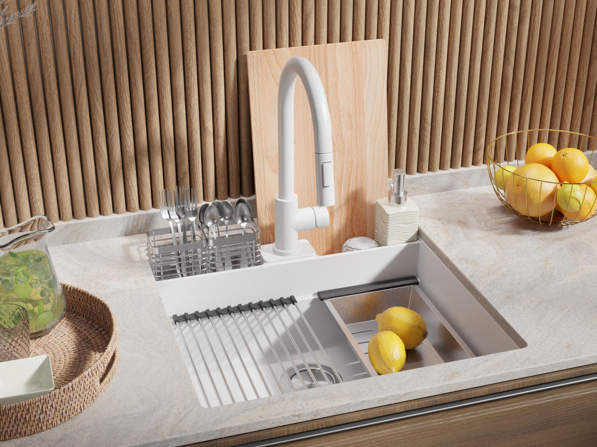 UNTERBAUSPÜLE GRANIT Bergen Pocket, 2-er set Weiß 56/54 cm 1 Becken + Ablauf-Set + Küchenzubehörset ab 60er Unterschrank - Chromfarben/Beige, Kunststoff (56/20/54cm) - Primagran