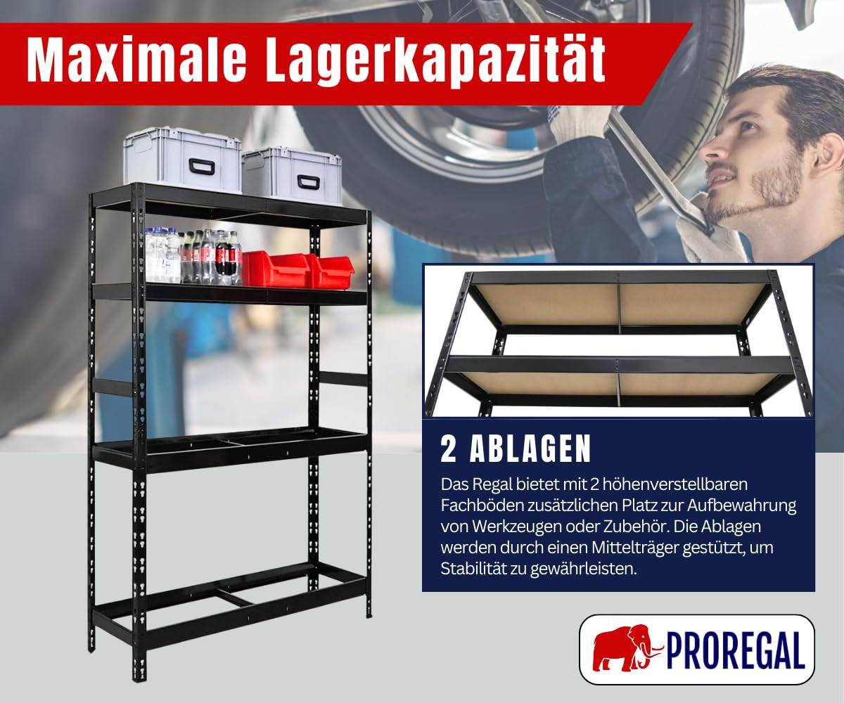 REIFENREGAL Tiger 180x120x40 cm bis zu 12 Reifen auf 2 Ebenen + 2 Ablagen Schwarz - Schwarz, Metall (120/180/40cm) - PROREGAL