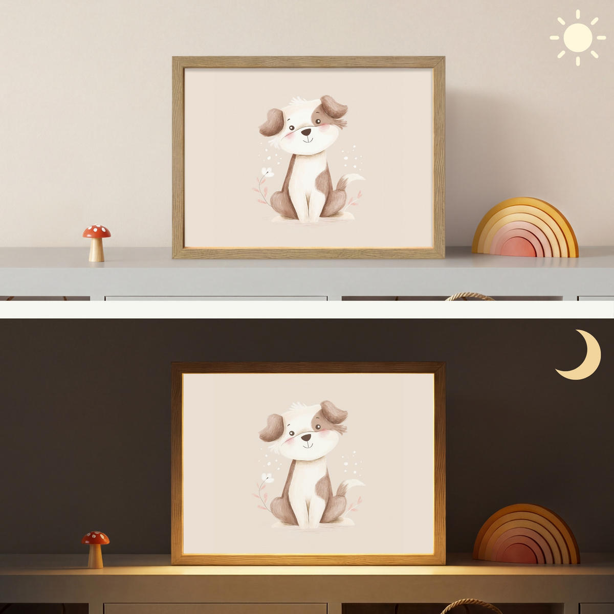 NÁSTĚNNÁ LAMPA S AKUMULÁTOREM Pes - skvrnitý - hnědý 40x30 cm - béžová, kompozitní dřevo (40/30/8cm) - OnlyWow