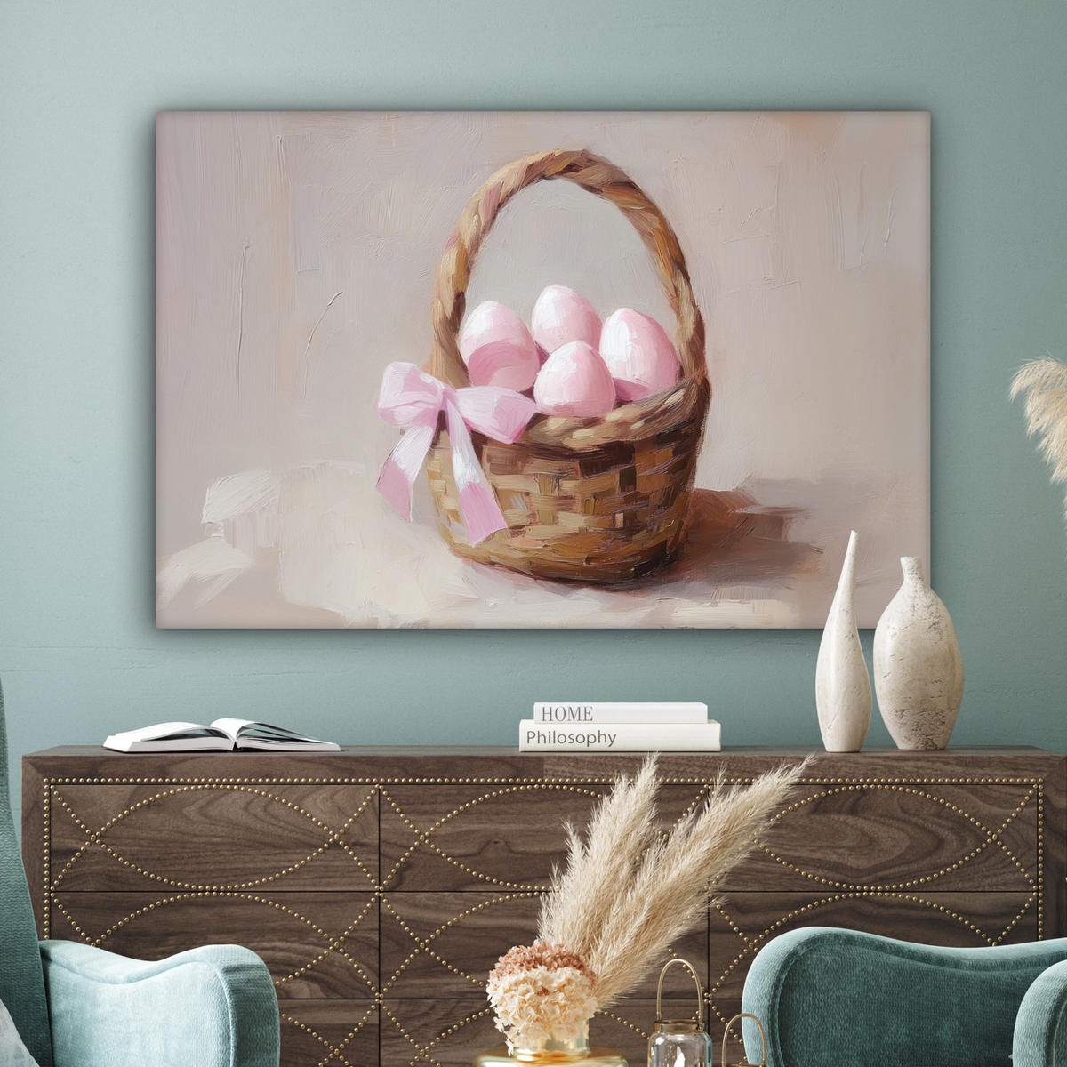 LEINWANDBILD Korb - Eier - Rosa Wohnzimmer Groß 120x80 cm - Beige, Textil (120/80cm) - MuchoWow