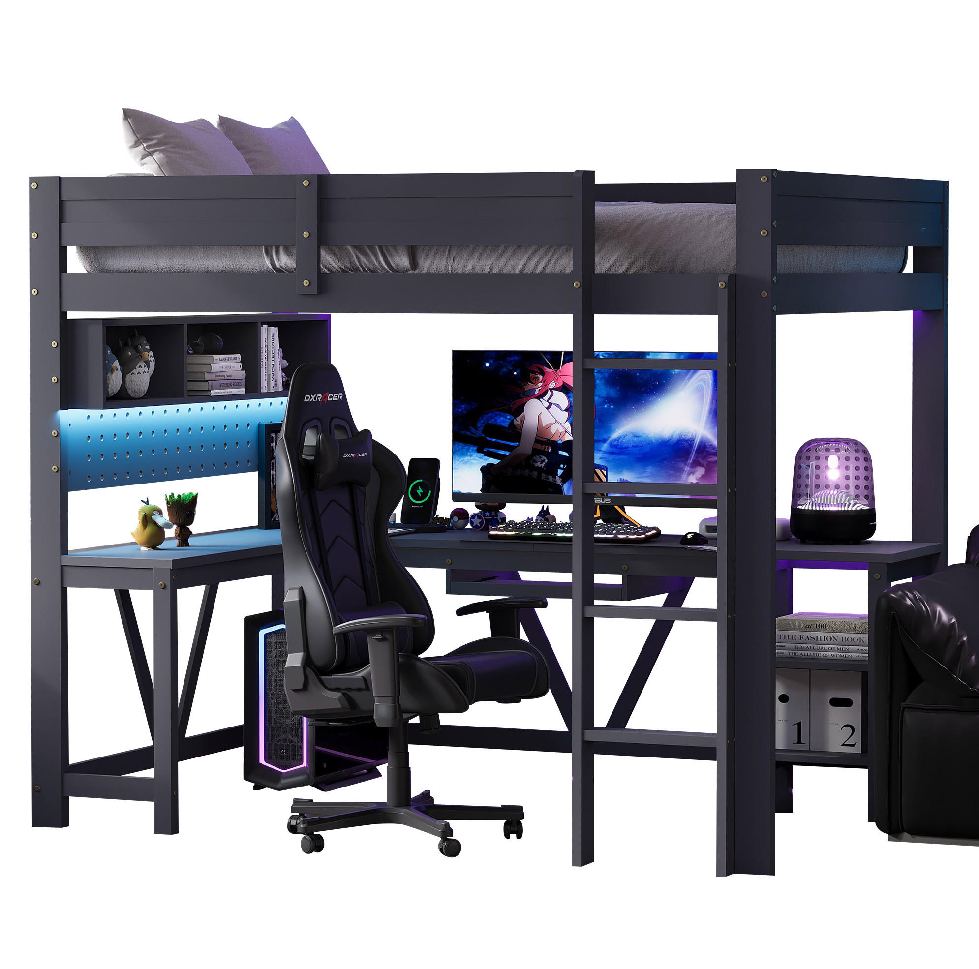 HOCHBETT aus Kiefer und MDF 90x200 cm Grau mit Schreibtisch, LED-Beleuchtung, Stauraum und Ladestation - Grau, Holzwerkstoff (90/200cm) - Modfu