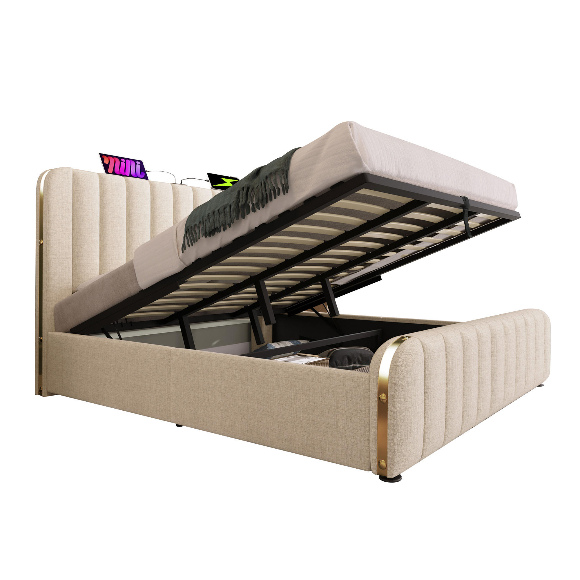 STAURAUMBETT 180/200 cm DE-01119, in Beige,Hydraulik und Matratze - Beige, Metall (180/200cm) - ComfortXL