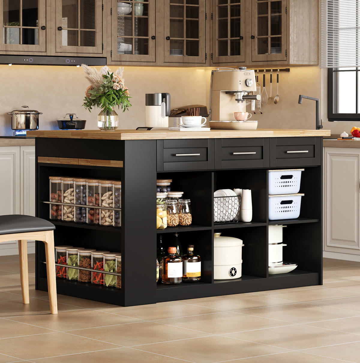 KÜCHENINSEL mit ausziehbarem Esstisch 150 x 90 x 90 cm MDF Natural and Black - Naturfarben, Holz (90/90/150cm) - Beauniv