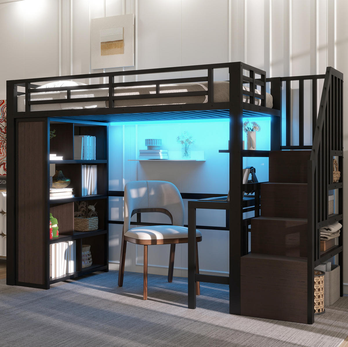 HOCHBETT aus Metall und MDF 90x200 cm Schwarz mit Schreibtisch, Stauraumtreppe und LED-Leiste - Schwarz, Metall (90/200cm) - IVMEU