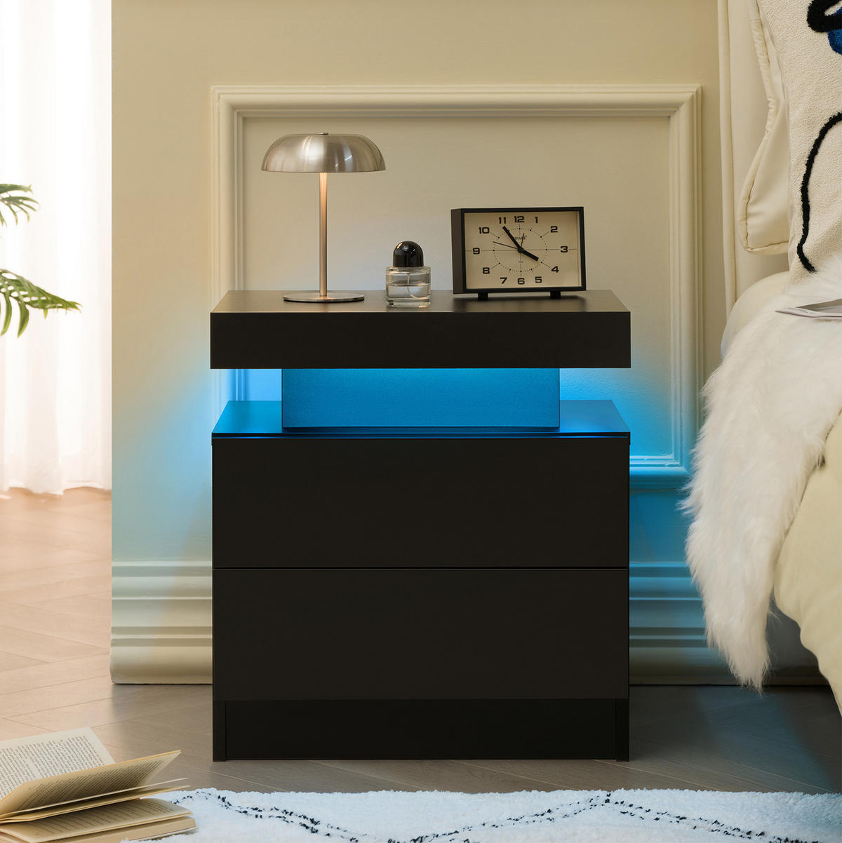 NACHTTISCH aus Holzwerkstoff 50x53x36 cm Schwarz mit LED-Beleuchtung und 2 Schubladen - Schwarz, Holzwerkstoff (50/36/53cm) - Modfu