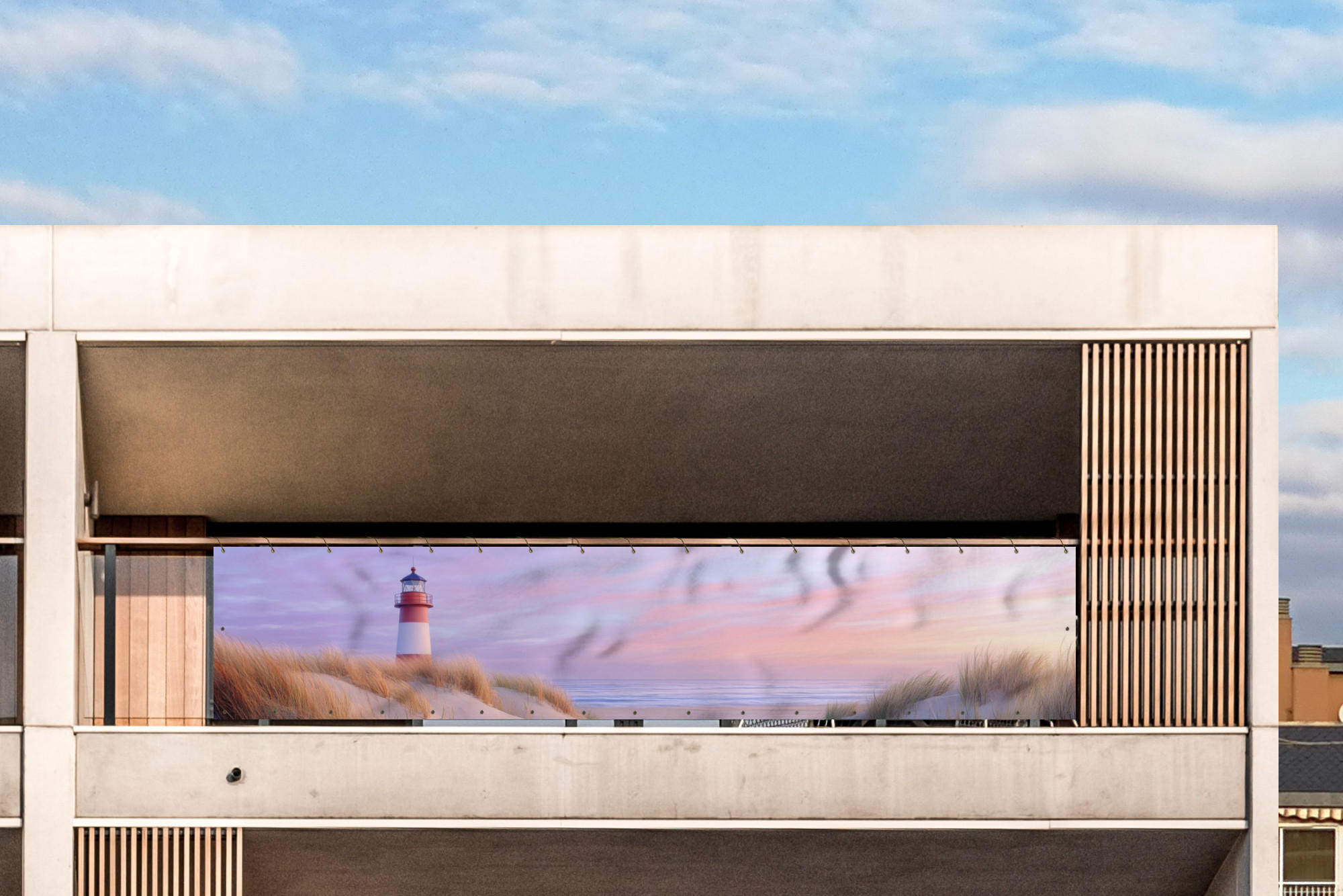 BALKON-SICHTSCHUTZ Leuchtturm - Dünen - Sonnenuntergang 500x110 cm - Hellrosa, Kunststoff (500/110cm) - MuchoWow
