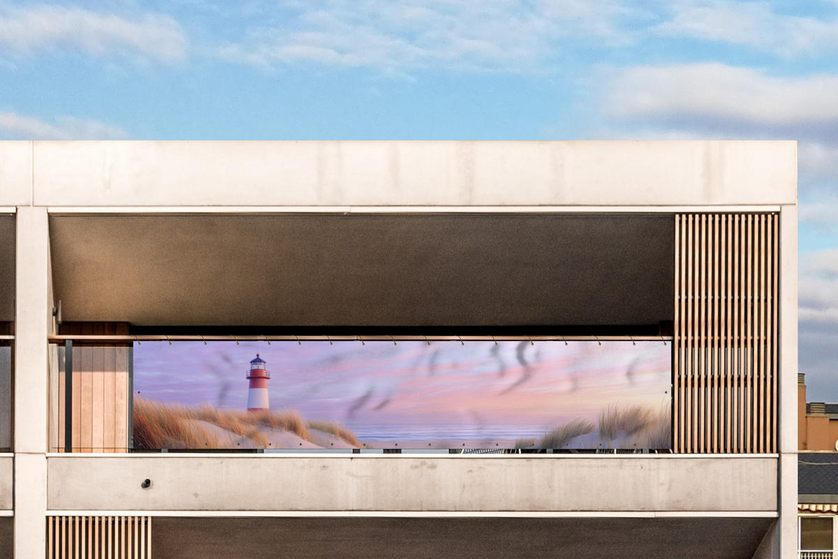 BALKON-SICHTSCHUTZ Leuchtturm - Dünen - Sonnenuntergang 500x110 cm - Hellrosa, Kunststoff (500/110cm) - MuchoWow