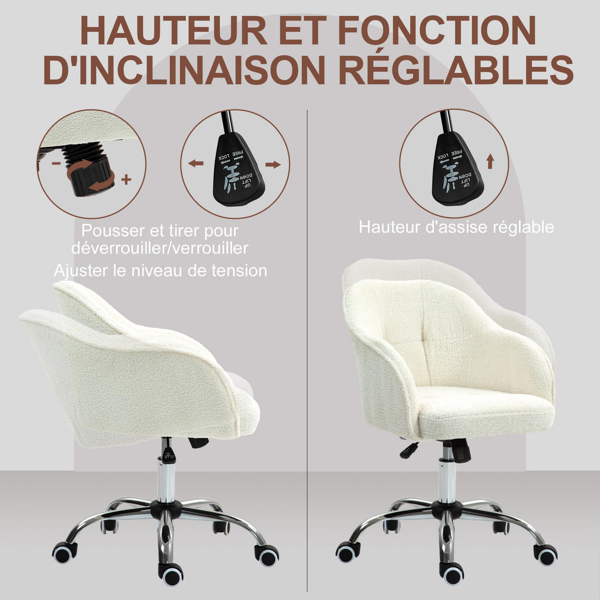 DREHSTUHL DE-11746 höhenverstellbar Teddy-Plüsch Creme - Creme, Textil (56/86/61cm) - ComfortXL