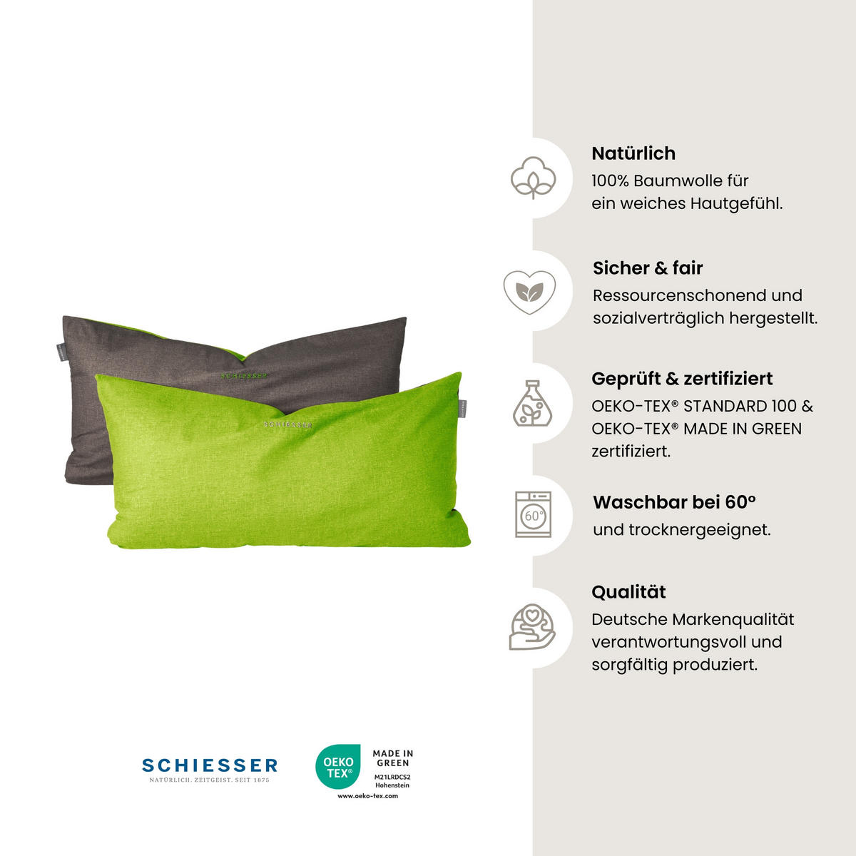KISSENHÜLLENSET Doubleface - Renforcé - 2-teilig - 40 x 80 cm - Grün-Dunkelgrau - Dunkelgrau/Grün, Textil (40/80cm) - SCHIESSER