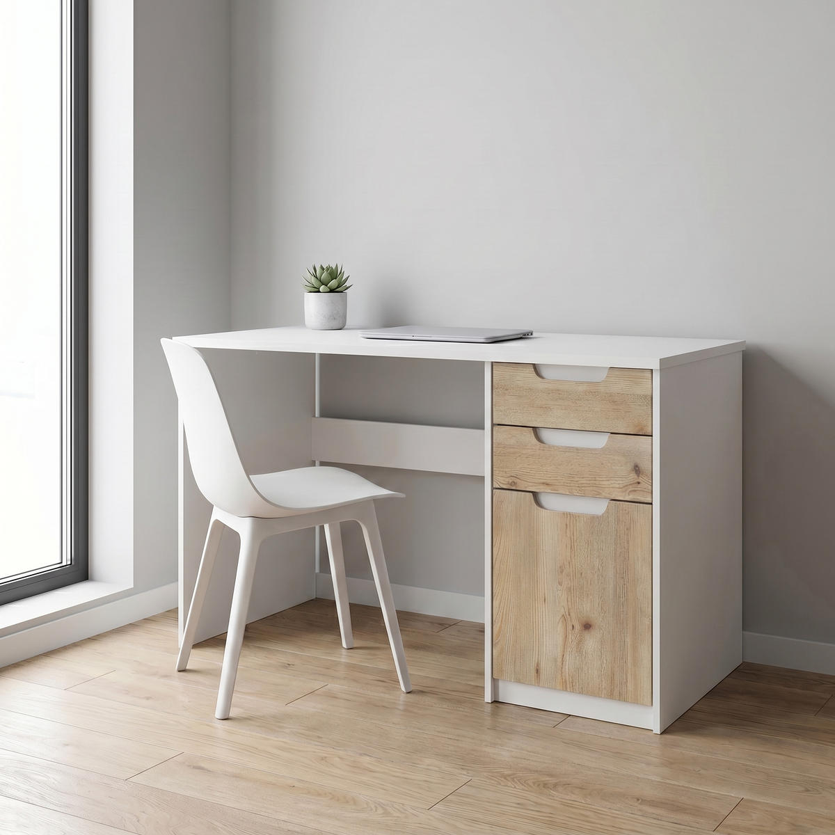 SCHREIBTISCH Logan Fronten in Eiche Nordic - Silbereichenfarben, Holzwerkstoff (60/129/76cm) - Vladon