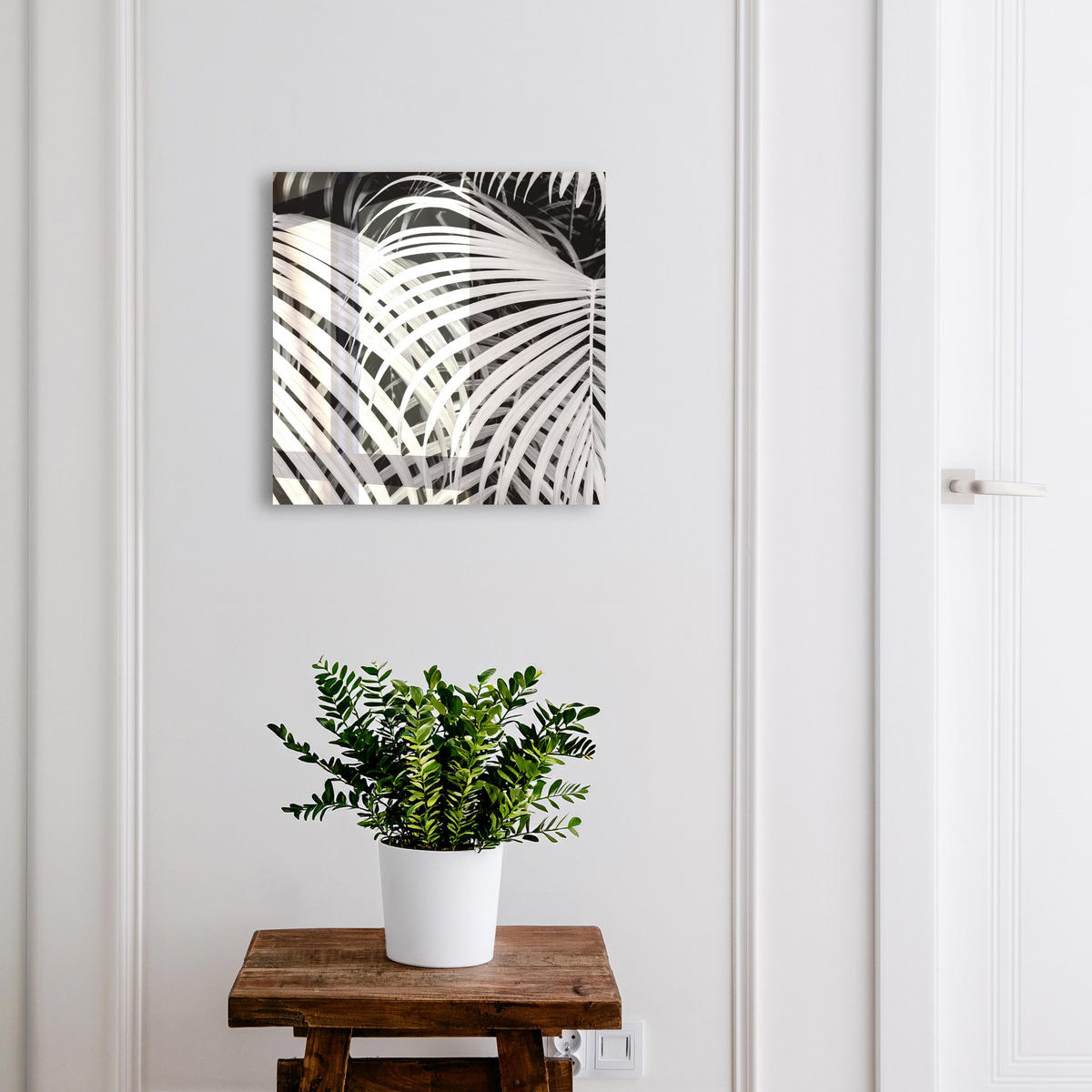 SCHLÜSSELBOX Schwarz 30x30 cm- Türöffnung nach rechts - Palmenblätter - Weiß, Metall (30/30/5cm) - TULUP
