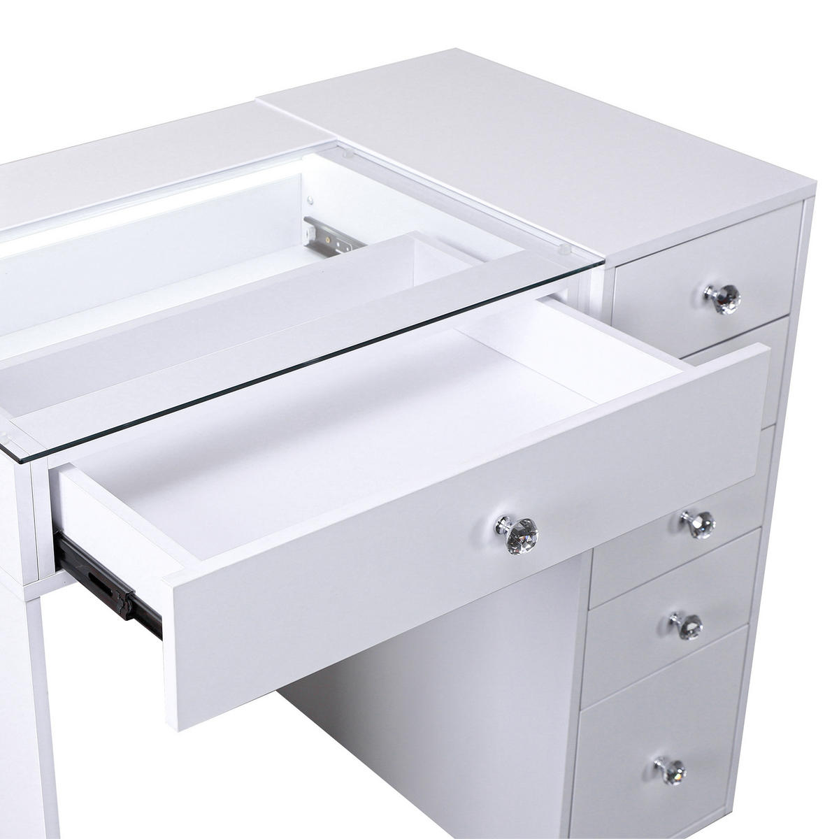 SCHMINKTISCH mit 6 Schubladen 92/55/81 CM und LED Beleuchtung Schminkspiegel 58 x 46 CM - Weiß, Holz (55/81/92cm) - VANITII