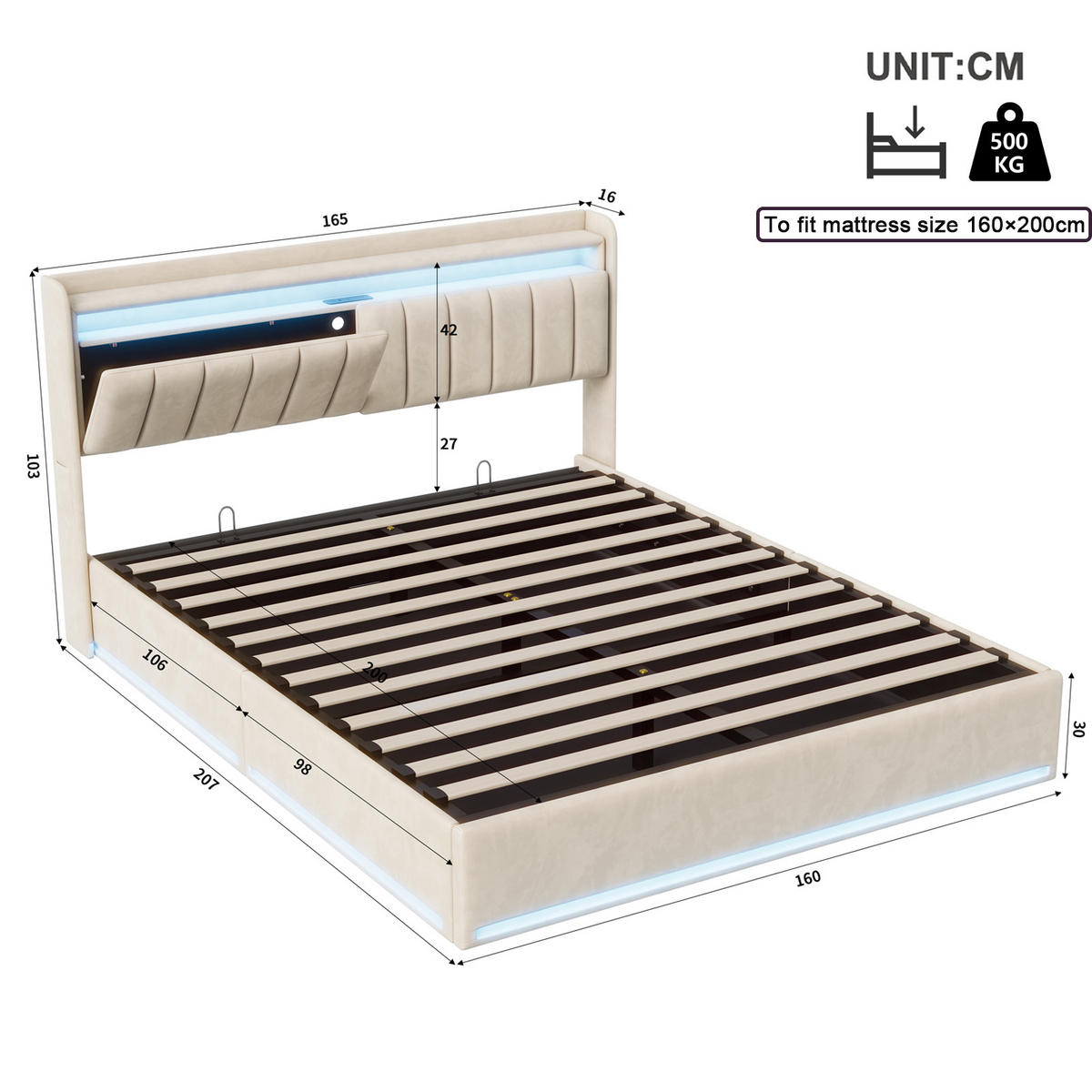 POLSTERBETT Längssteppung 160/200 cm mit Bettkasten & App-LED Samtoptik Beige - Beige, Textil (160/200cm) - Creahappy