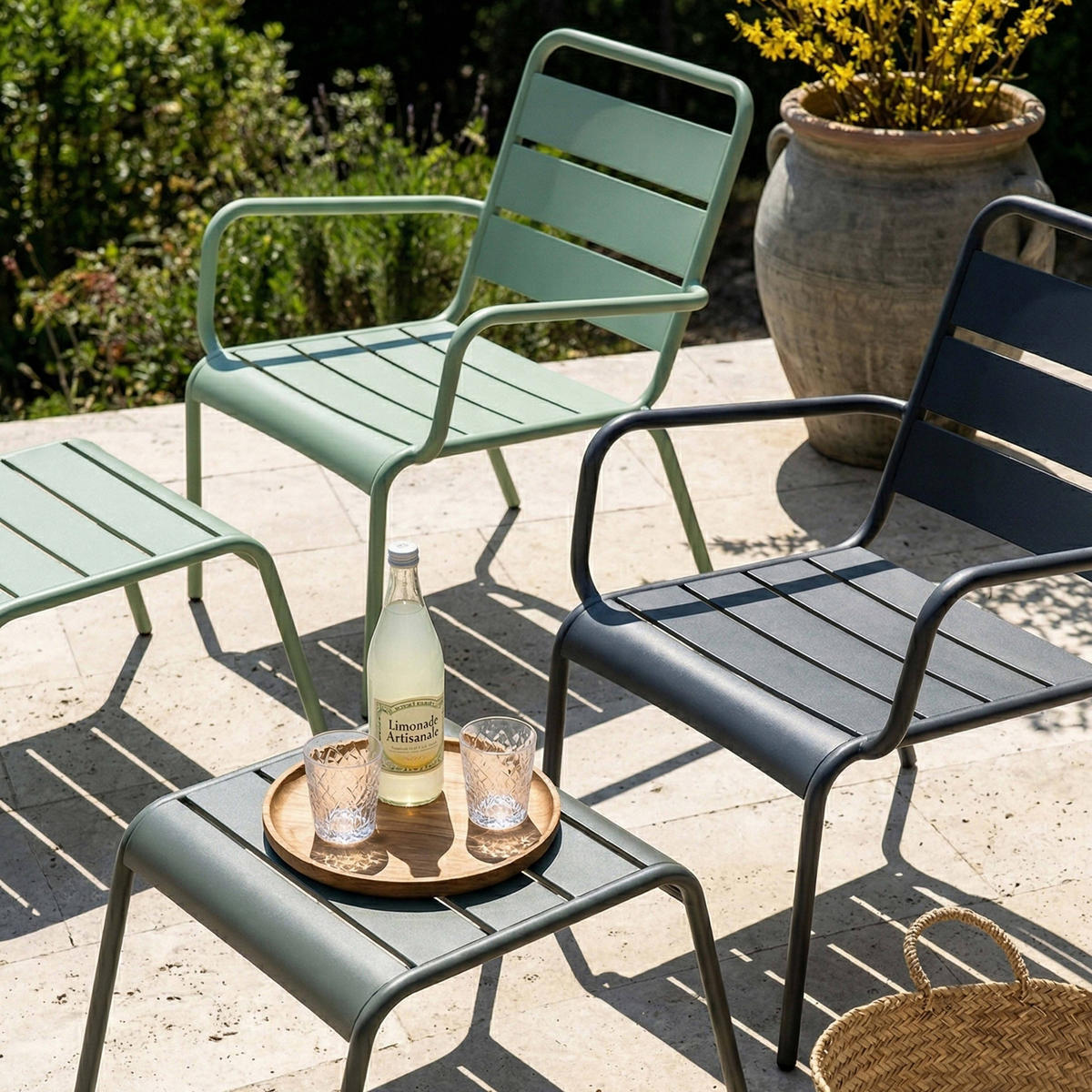 RELAXSESSEL MIT HOCKER 2-tlg., Grau/Salbeigrünen - Grün, Metall (64/72/60cm) - Oviala