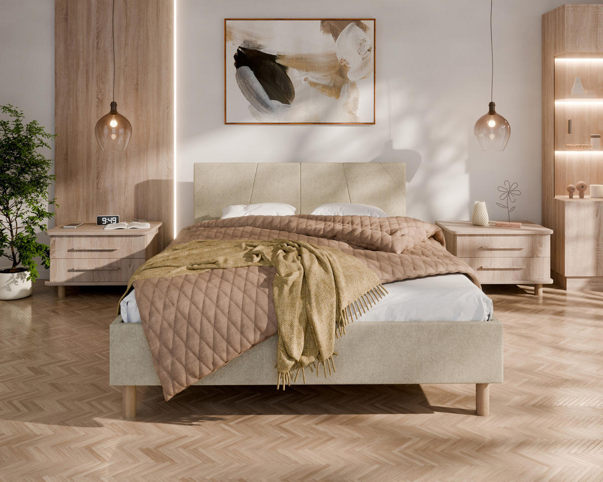 POLSTERBETT ALMORE 140x200cm, 7-Zonen-Taschenfederkernmatratze mit Kokos ARLAN (21 cm), beige - Beige, Holz (140/200cm) - Homesy