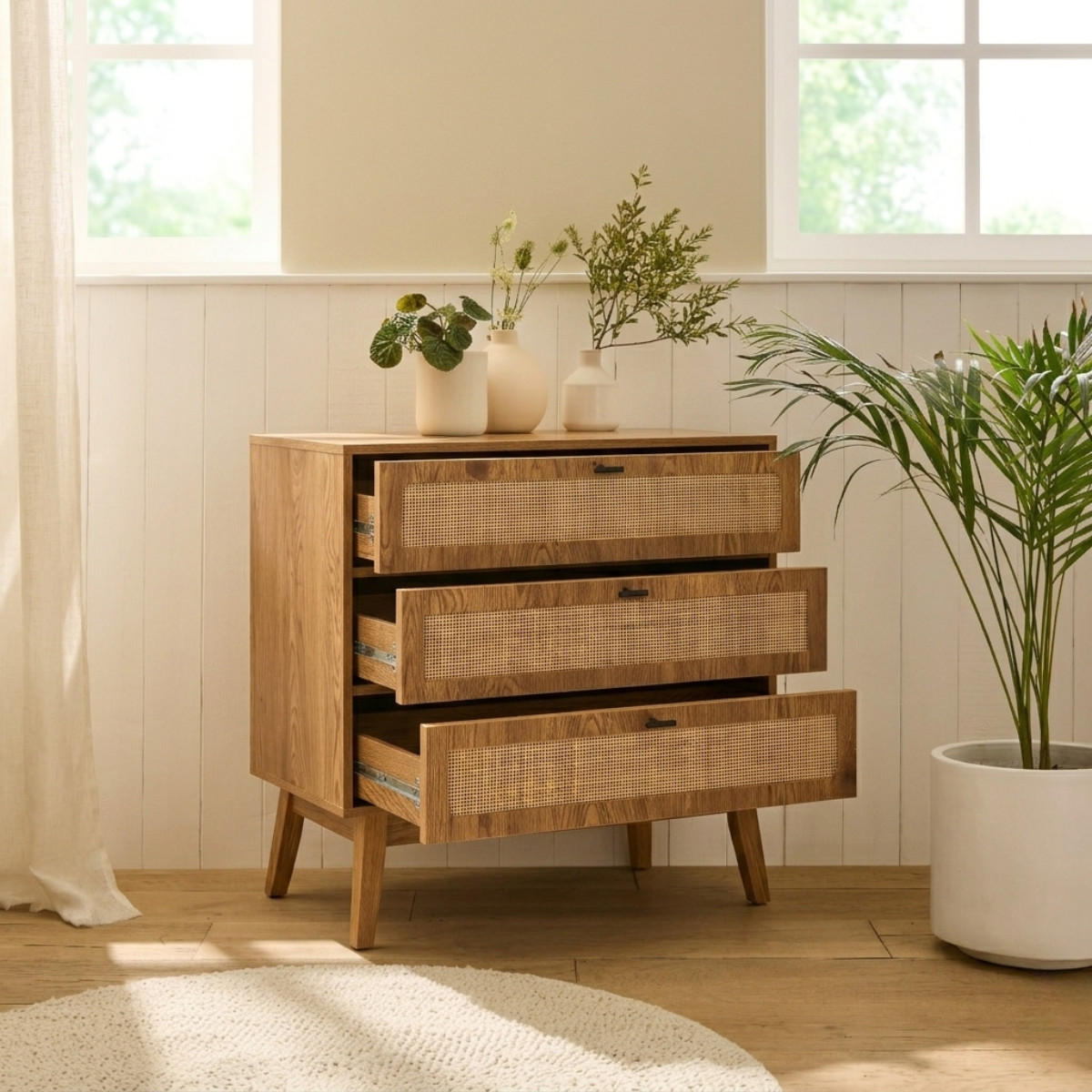 KOMMODE mit 3 Schubladen, Rattanfronten und Holzfüßen 80/39/79 cm - Eschefarben, Holzwerkstoff (80/79/45cm) - Calicosy