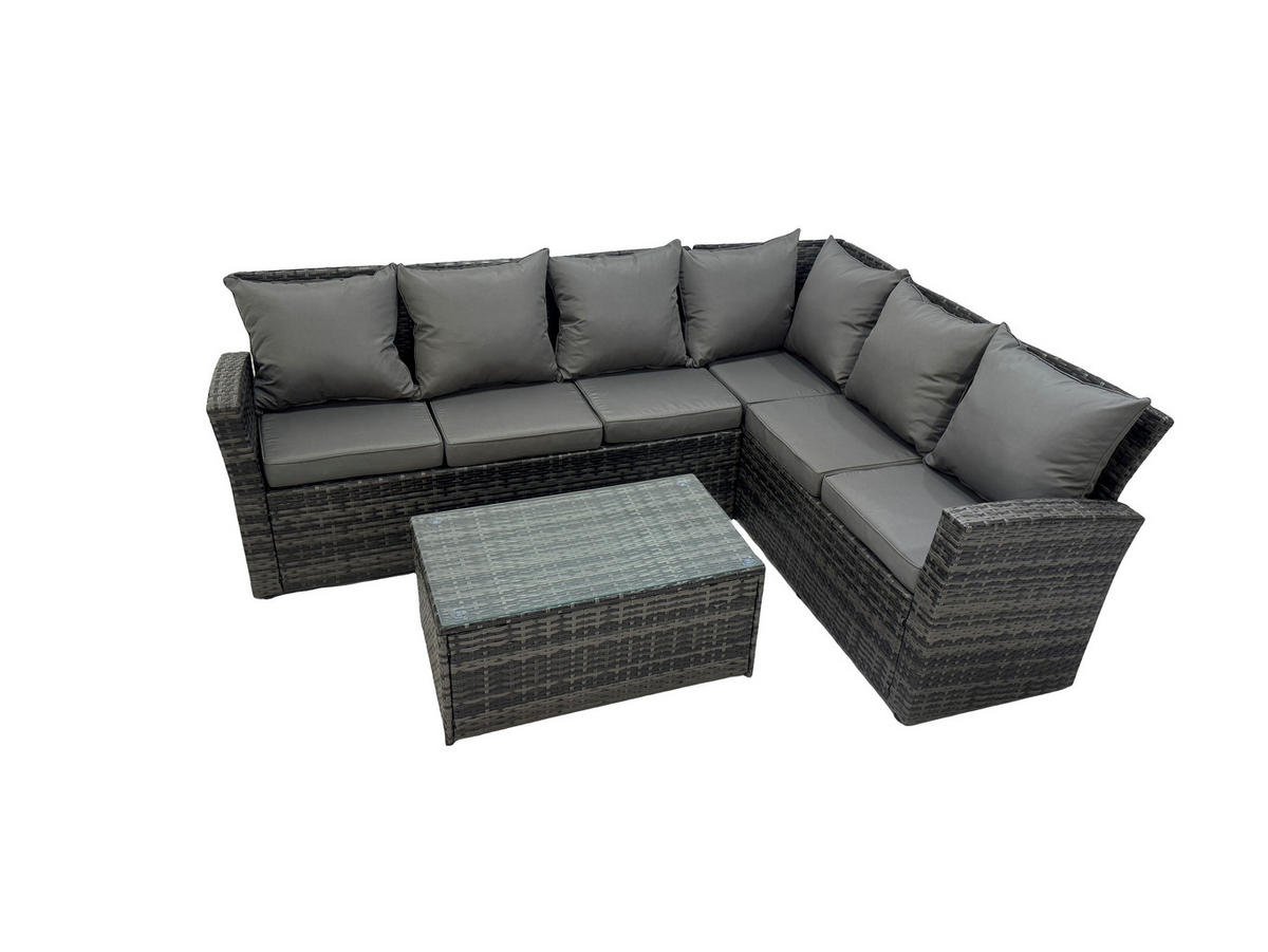GARTENSOFA SET Hohe Rückenlehne Polyrattan Dunkelgrauer Mix 6-Sitzer - Dunkelgrau/Grau, Glas/Kunststoff - Fimous