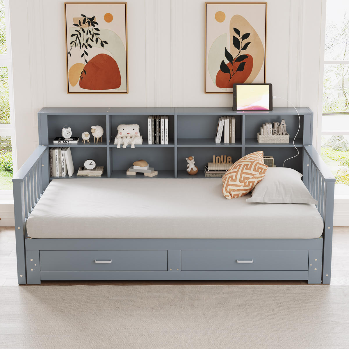 MULTIFUNKTIONSBETT 90/190 cm grau aus Holz mit Ausziehfunktion und Steckdose - Grau, Holzwerkstoff (90/190cm) - OKWISH