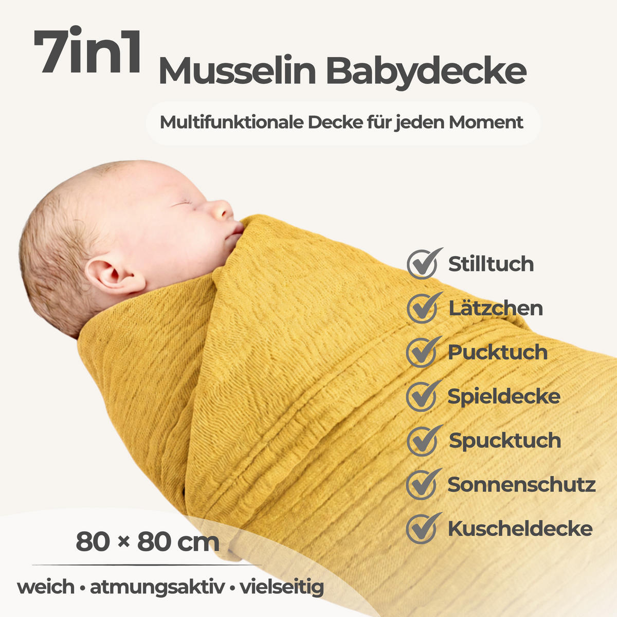MUSSELINDECKE Babydecke Stilltuch Einschlagdecke Säuglingsdecke Babygeschenk Erstlingsdecke - Currygelb, Textil (80/80cm) - nordic coast company