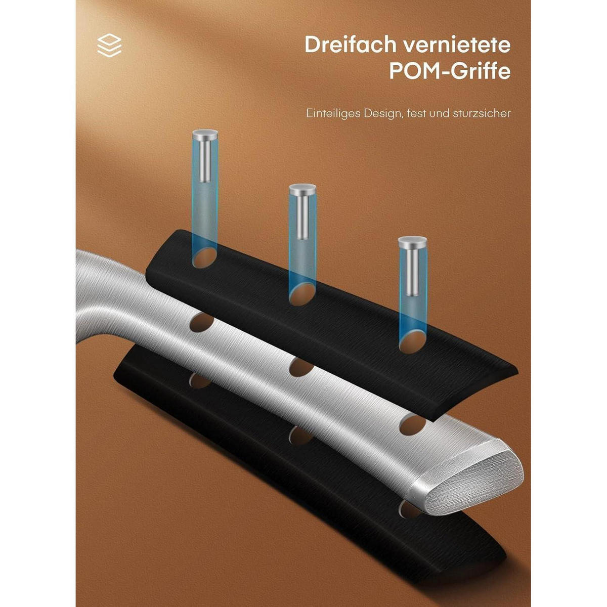 MESSERBLOCK Set 6-teilig mit Kochmessern aus Edelstahl mit hohem Kohlenstoffgehalt - Braun, Metall (22.4/9.4/35.8cm)