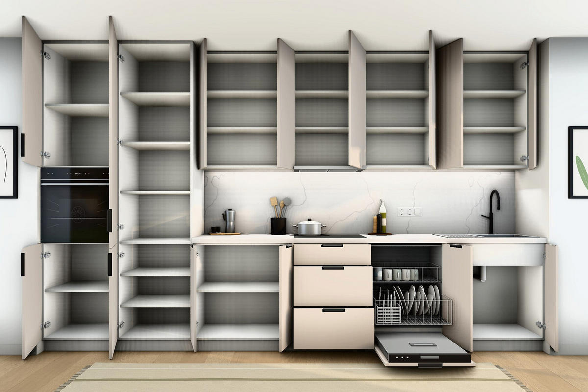 KÜCHENZEILE Sorento Weiß & Beige – 400 cm – K58-G400 L - Beige/Schwarz, Holzwerkstoff/Metall (400/247/58cm) - ROYAL24_MARKT