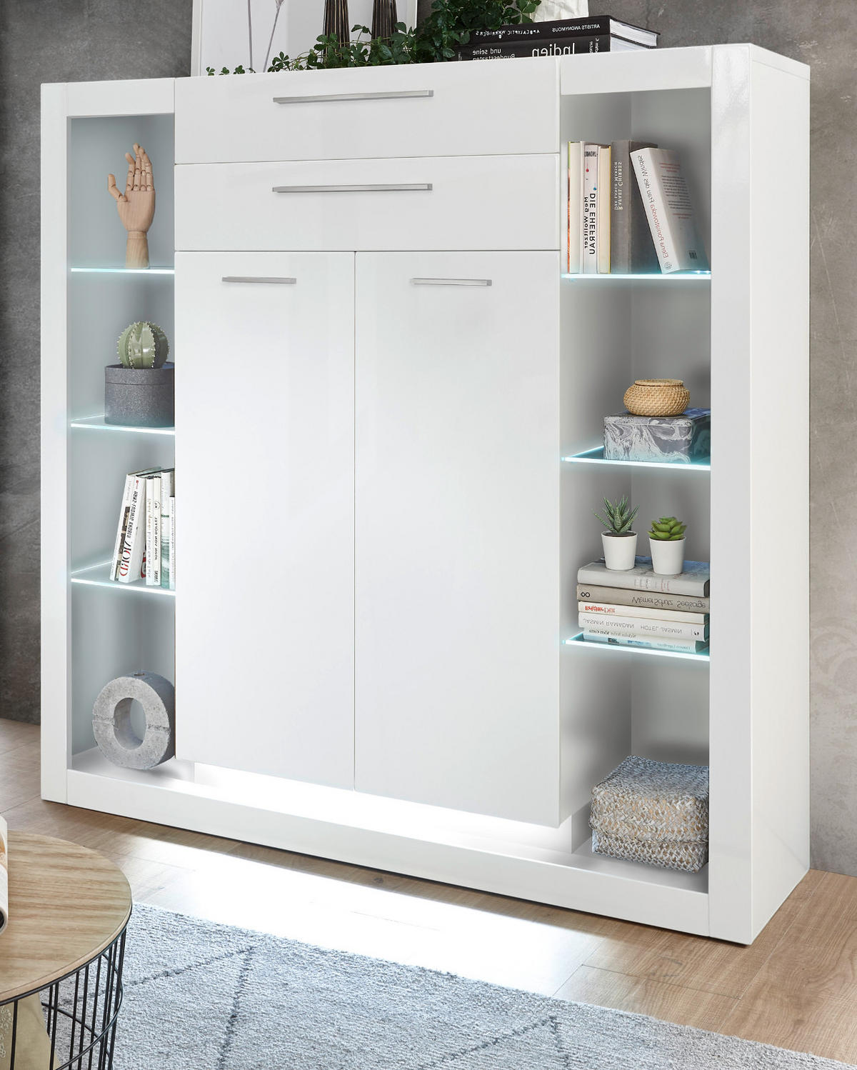 HIGHBOARD weiß Hochglanz 141 cm, Vitrine mit 11 Fächern - Weiß Hochglanz/Silberfarben, Glas/Holzwerkstoff (141/139/37cm) - Furn.Design