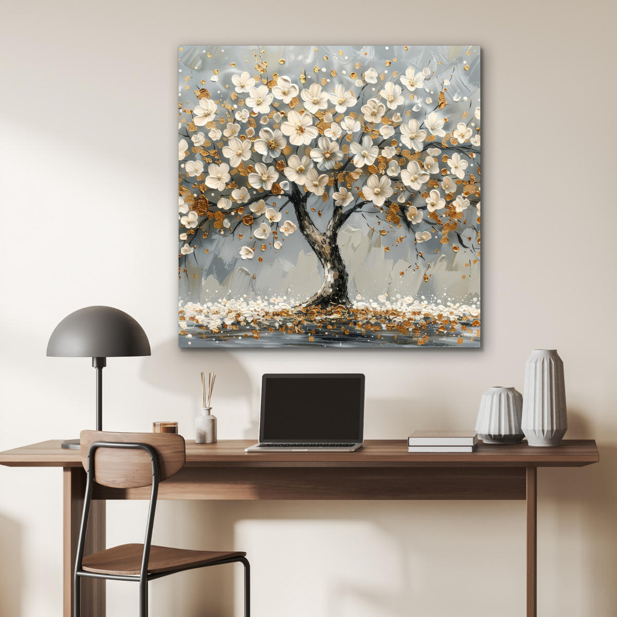 KOVOVÝ OBRAZ Strom - Kvety - Biela - Príroda - Umenie 90x90 cm - biela, kov (90/90cm) - MuchoWow