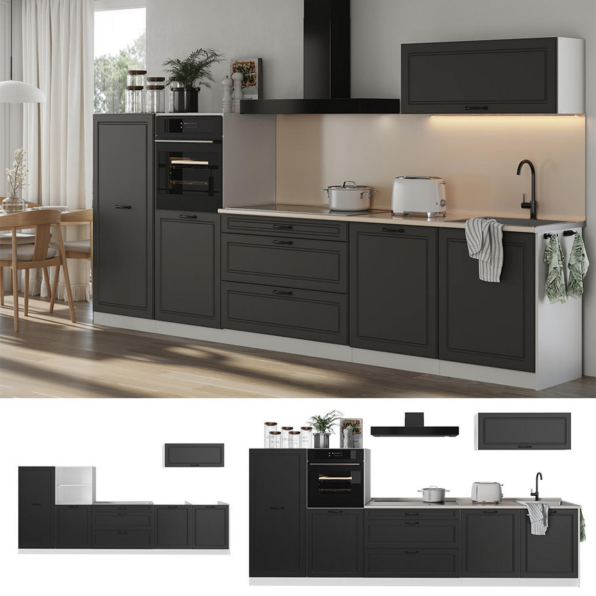 KUCHYNKA R-Line, Antracitový vidiecky dom/biely, 340 cm Goldkraft tammi työtaso - biela/antracitová, kompozitné drevo (340/143/60cm) - Vicco