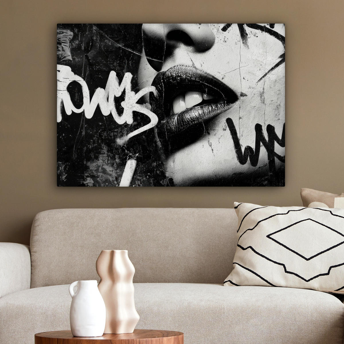 LEINWANDBILD Gesicht - Mund - Graffiti - Schwarz Wandbilder 80x60 cm - Schwarz, Textil (80/60cm) - MuchoWow