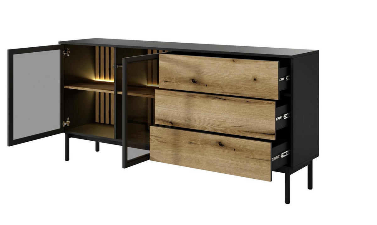 KOMMODE Lango 180 Schwarz mit Eiche Evoke, Kombikommoden mit Led-Beleuchtung - Hellbraun/Schwarz, Glas/Holzwerkstoff (180/85/39cm) - Bettso