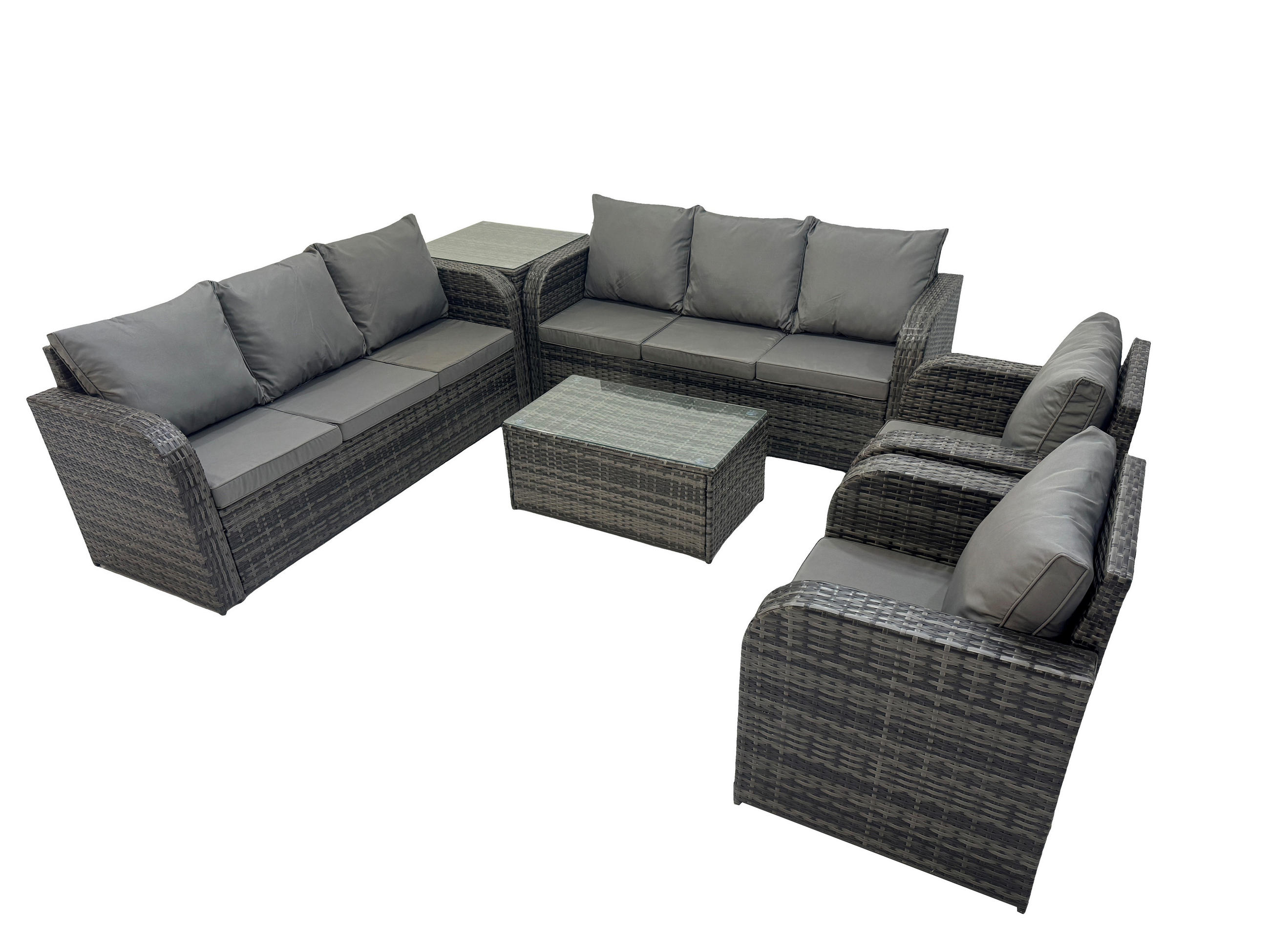 GARTENMÖBEL-SET mit Kissen Polyrattan Dunkelgrau 8-Sitzer - Dunkelgrau/Grau, Glas/Kunststoff - Fimous