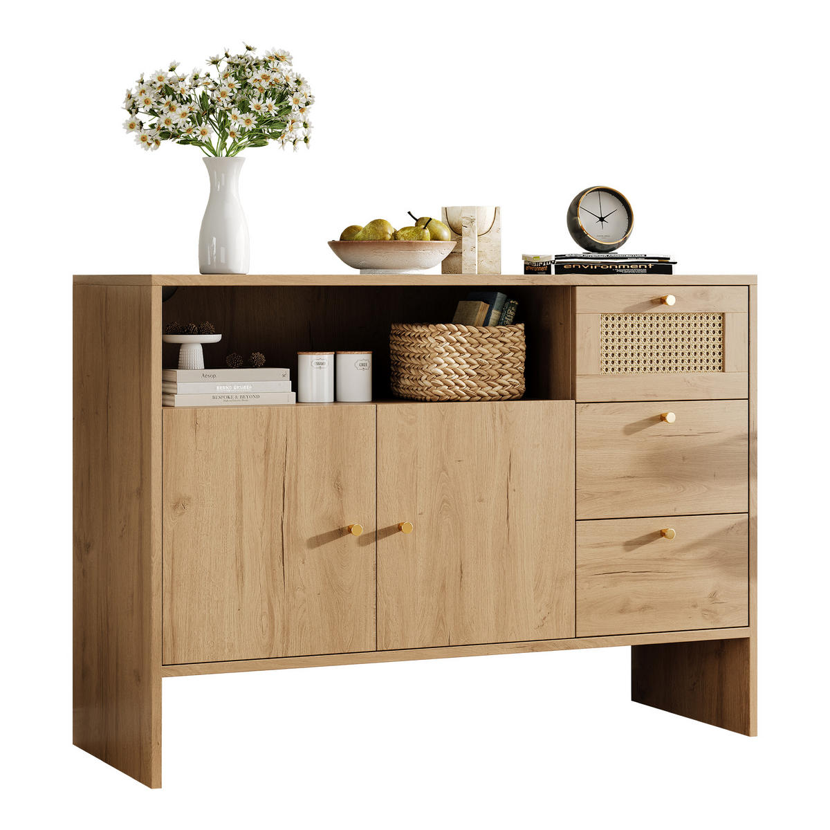 SIDEBOARD aus Spanplatte 40x105x76 cm Natur mit 2 Türen, 3 Schubladen und offenem Fach in Rattan-Optik - Naturfarben, Holzwerkstoff (105/76/40cm) - Modfu