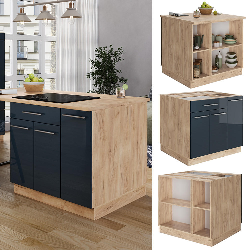 KÜCHENINSEL Fame-Line Dunkelblau Hochglanz 90 cm mit Schublade ohne AP - Eiche Wotan/Dunkelblau, Holzwerkstoff (90/82/60cm) - Vicco