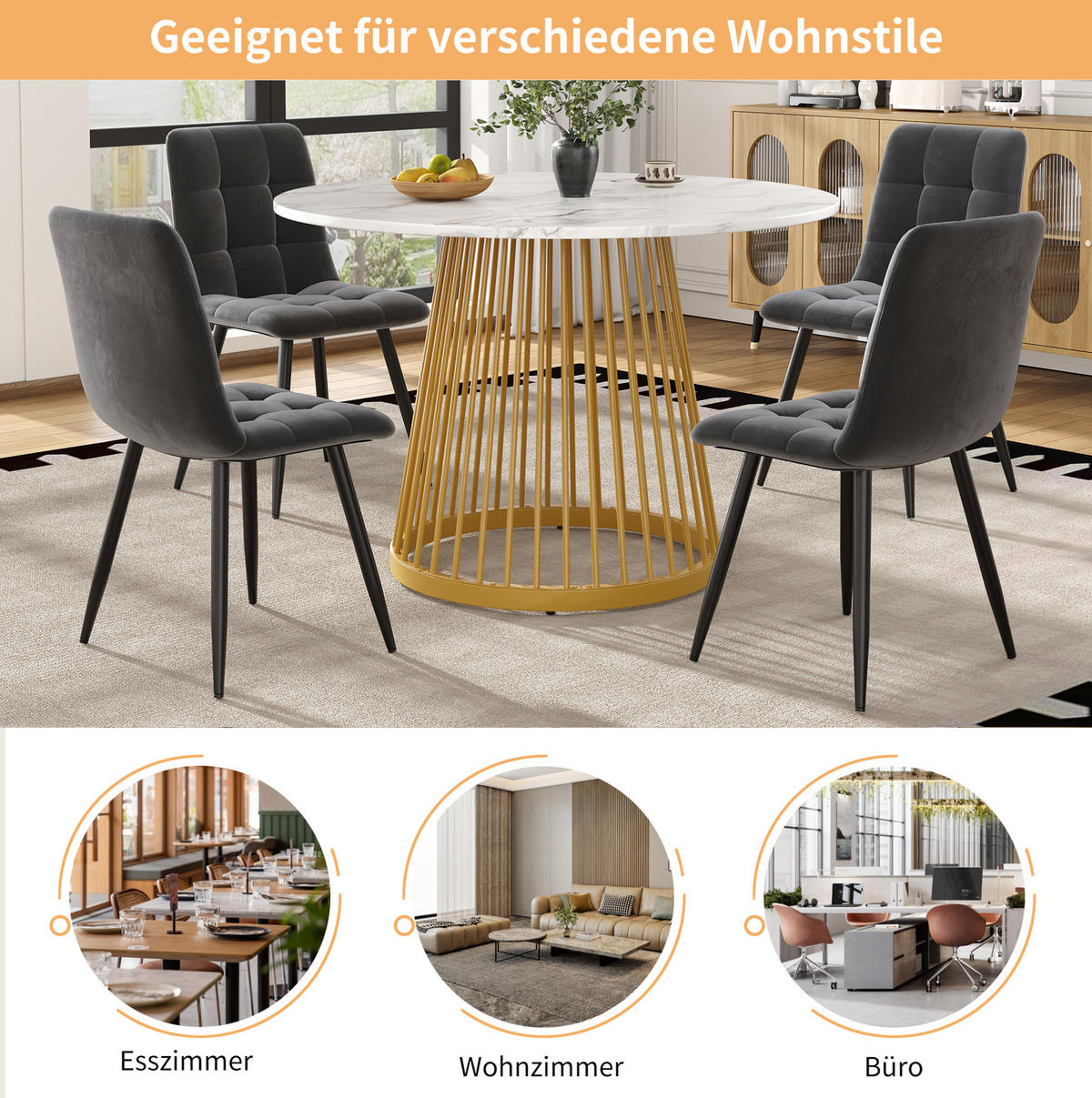 ESSTISCH 80/80/76 cm in Weiß mit Marmoroptik und goldfarbenem Metallgestell - Goldfarben, Holzwerkstoff (80/80/76cm) - Flora Grace
