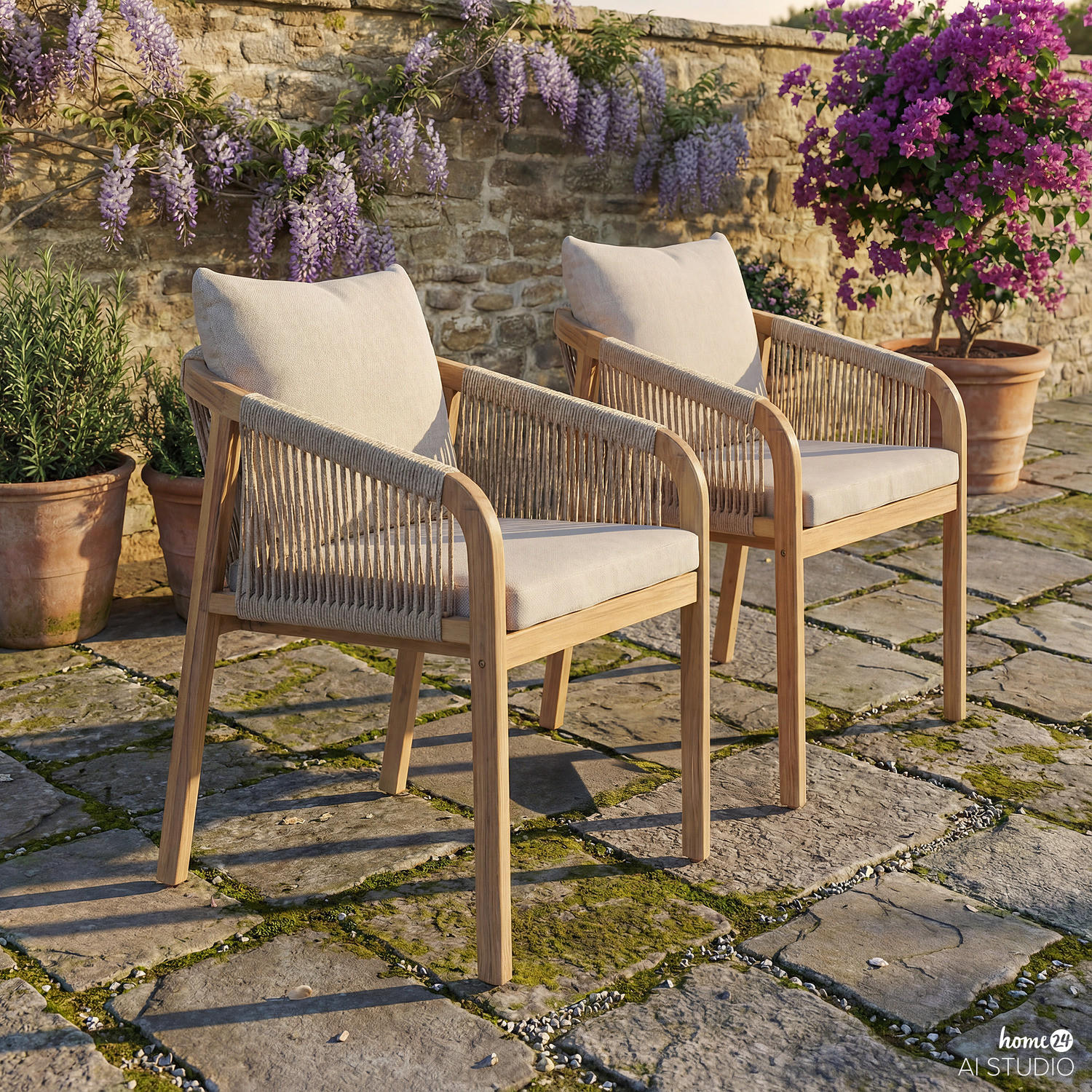 GARTENSTUHL - 2er-Set - Akazie massiv / Webstoff - Beige, Holz/Textil (58/77/62cm) - home24