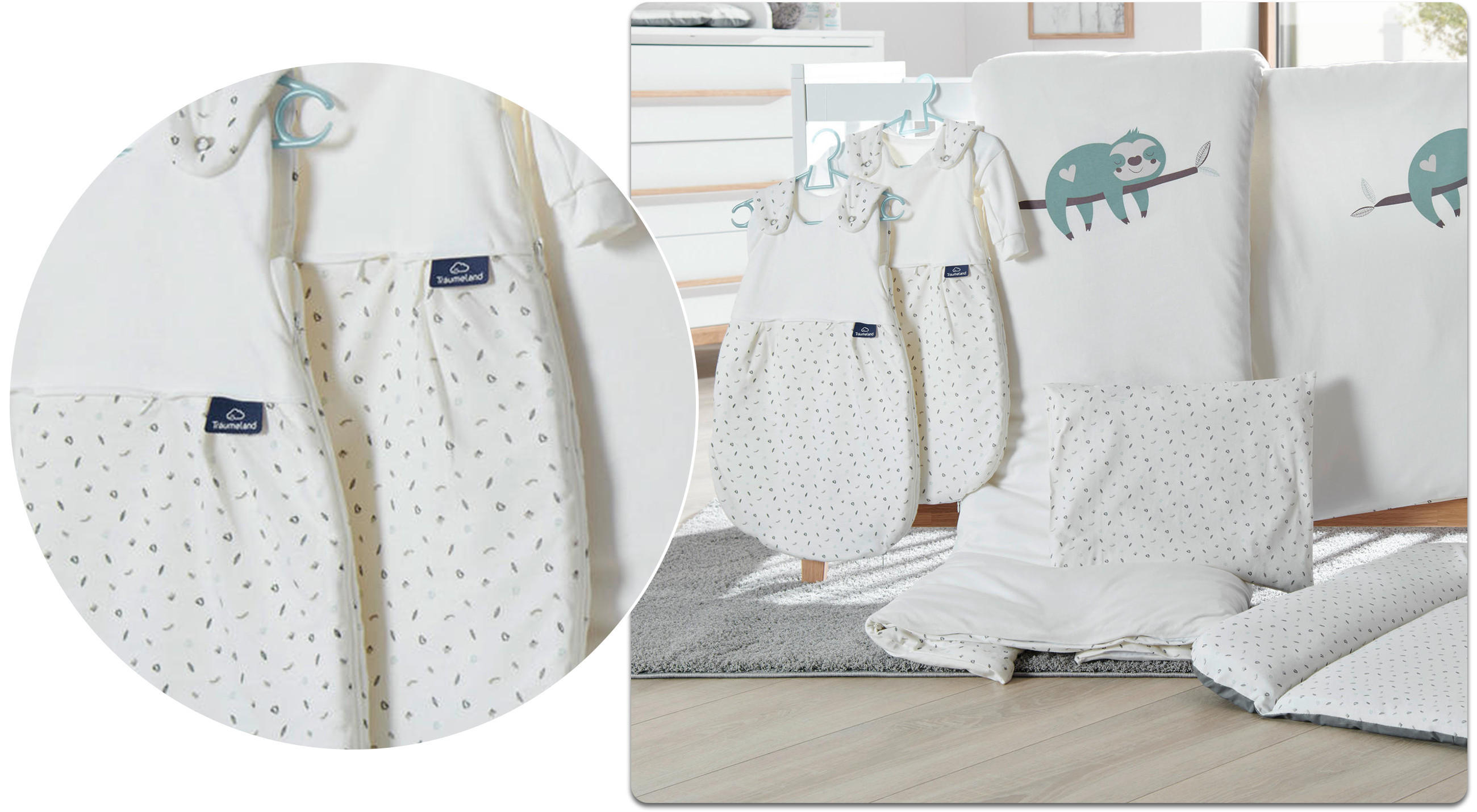 Zwei Baby-Schlafsäcke in weiß mit grauen und grünen Punkten von der Marke Träumeland hängen an einem Babybett. Daneben hängen zwei weiße Decken mit einem grünen Faultier darauf und rechts steht ein großes Kuscheltier-Schaf.