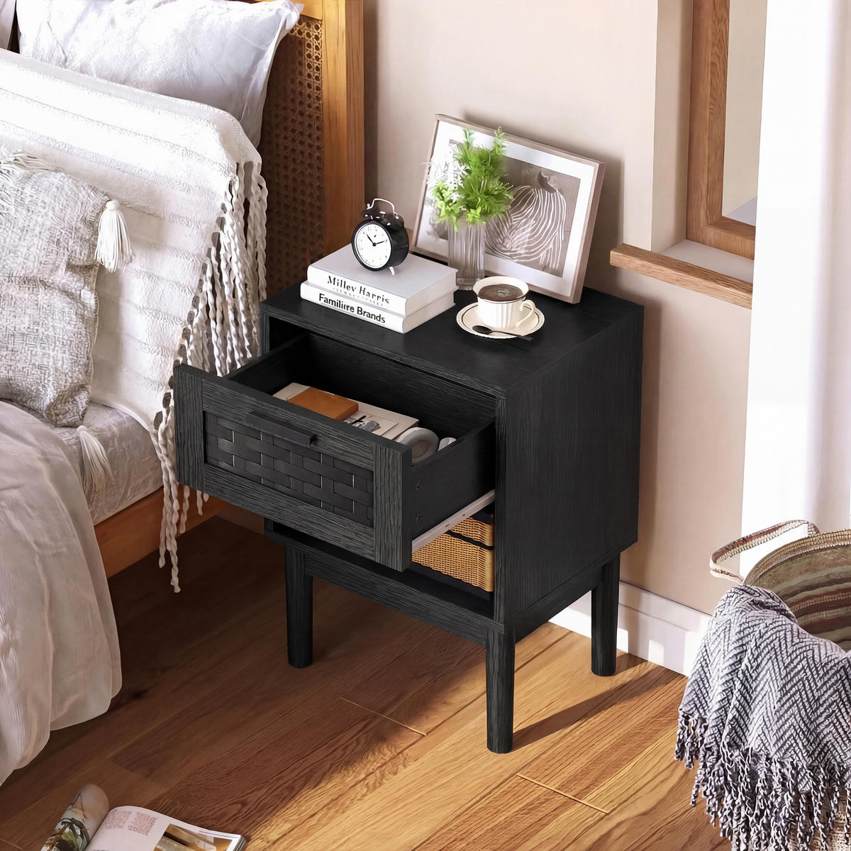 NACHTTISCH 2er Set Holz Rattan Schublade offenes Fach schwarz - Schwarz, Holz (30/55/40cm) - LEBENLANG