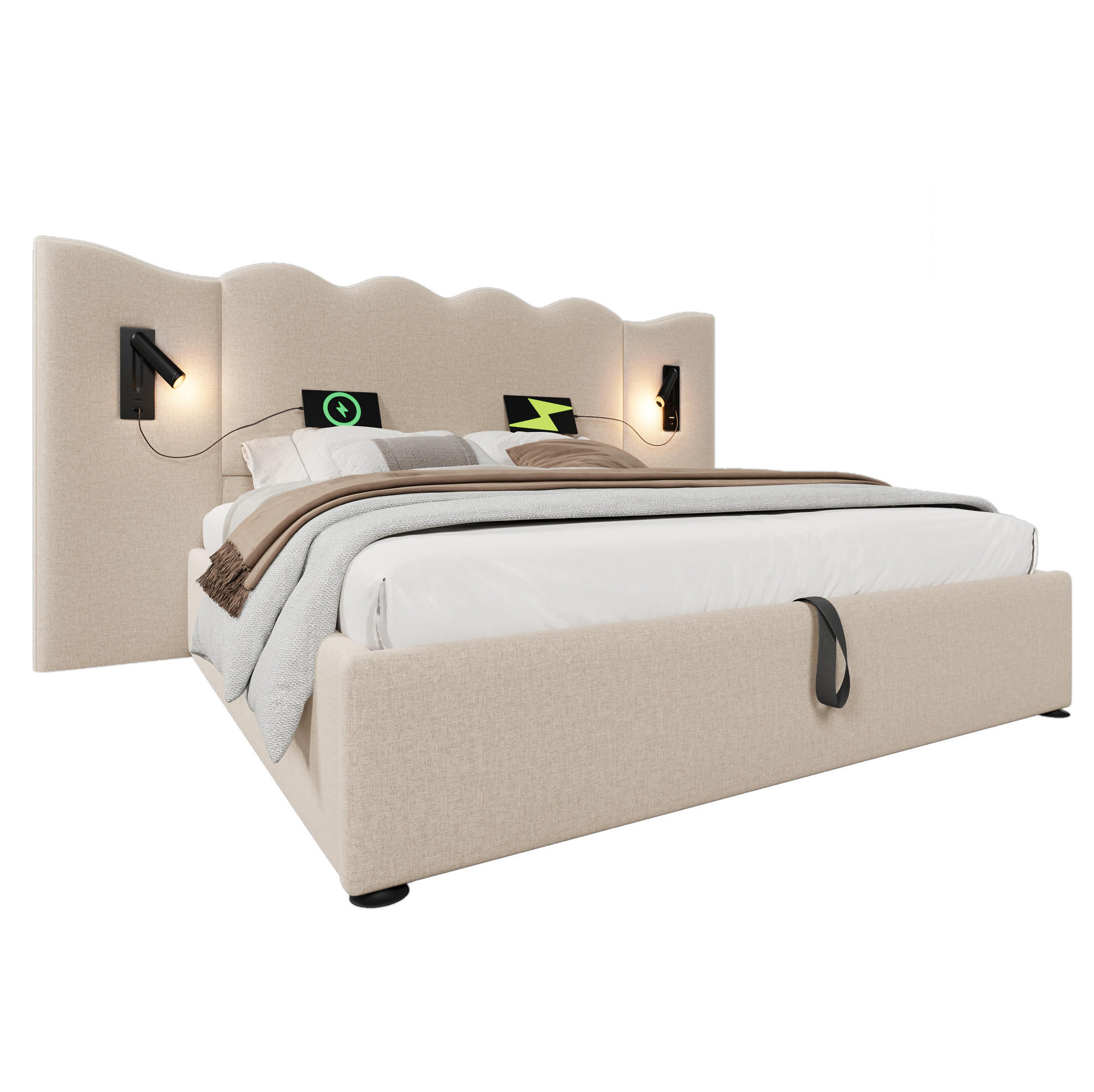 POLSTERBETT aus Leinen 160x200 cm in Beige mit Matratze & USB-C - Beige, Textil (160/200cm) - Modfu