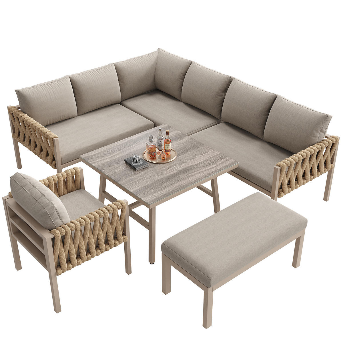GARTENMÖBELSET mit Metallgestell, Ecksofa + Tisch mit Glasplatte, 238/61/78 cm, Beige - Beige, Metall - Redom
