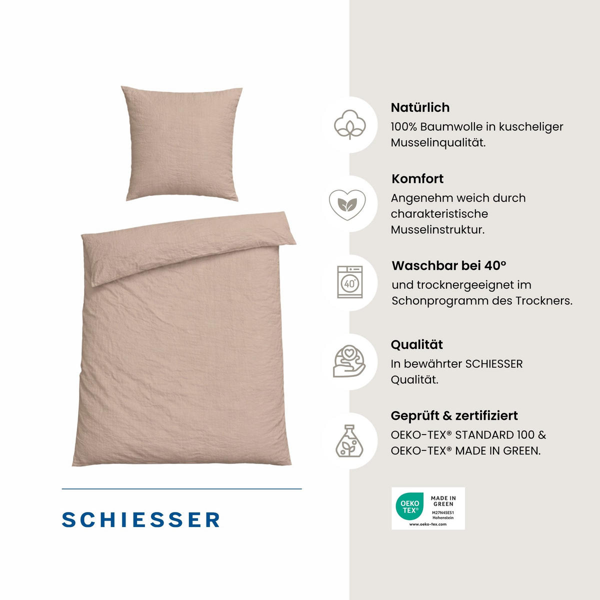 BETTWÄSCHESET Molly - Musselin - 2-teilig - 135x200 cm - Taupe - Taupe, Textil (135/200cm) - SCHIESSER