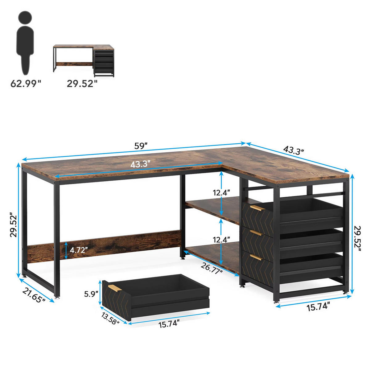 SCHREIBTISCH L-förmig 150/110/75 cm Schubladen Regale Eckschreibtisch - Braun, Metall (150/110/75cm) - Kaket