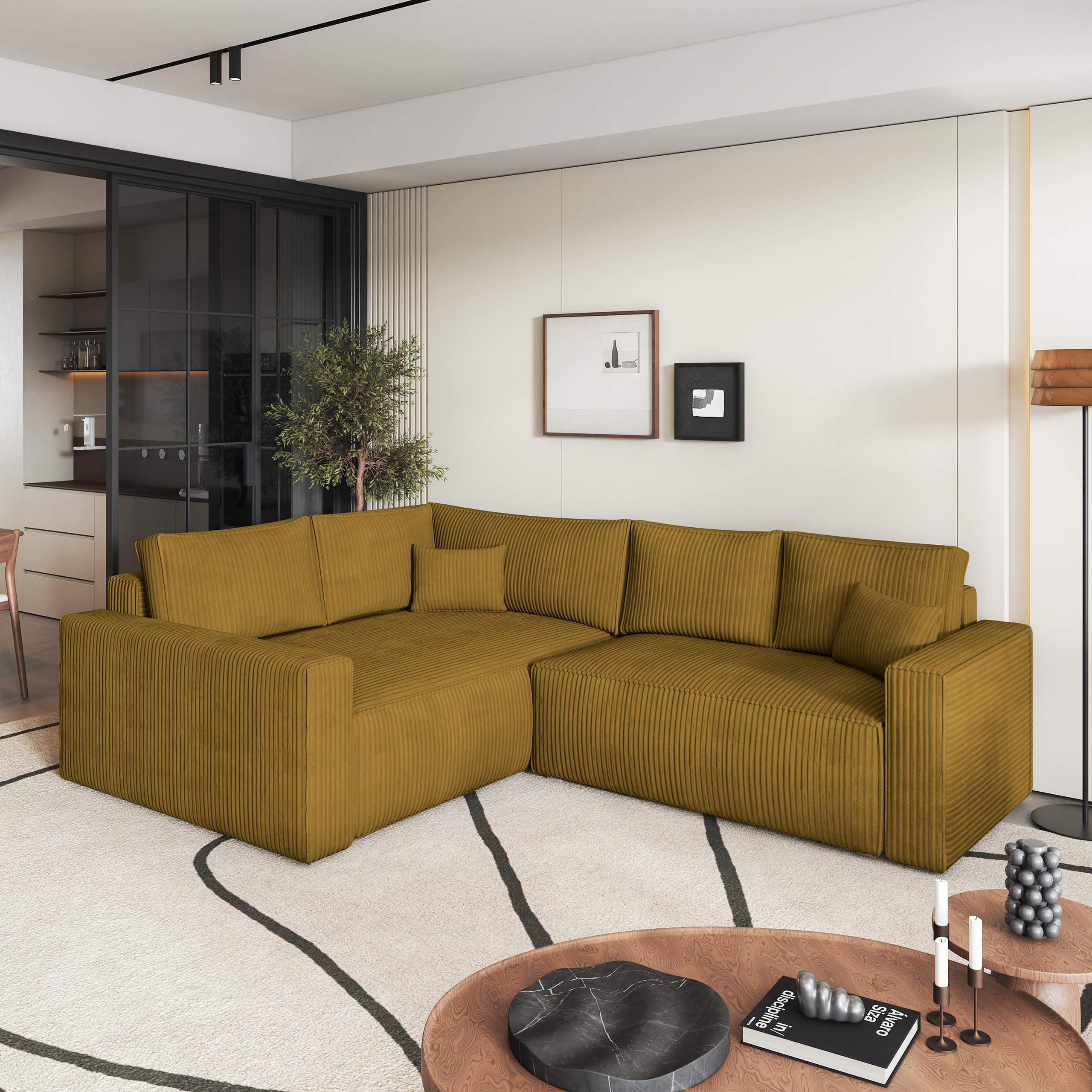 ECKSOFA ERONIS L-S Gelb Kordstoff mit Schlaffunktion - Gelb, Holz (265/194cm) - MASSENO