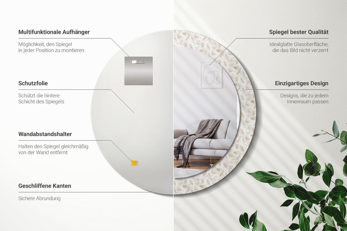 SPIEGEL Rund Ø 70 cm mit Aufdruck - Creme, Glas (70/70/0.4cm) - Wallfluent