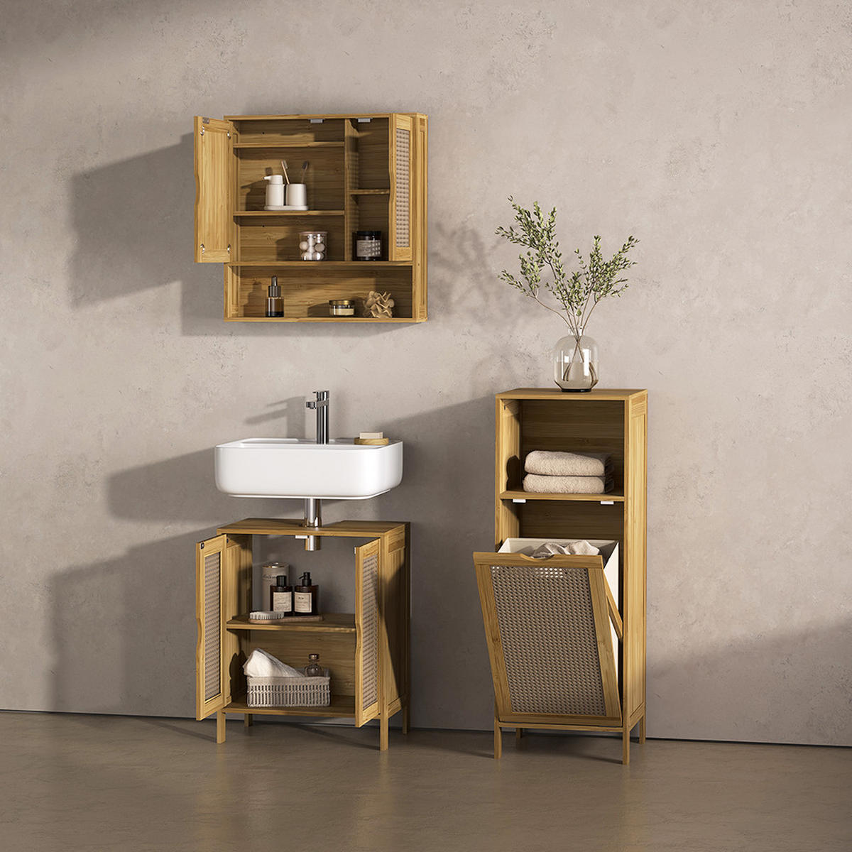 BADMÖBEL-SET Mincio, Bambus, 3dílná - přírodní, kompozitní dřevo (50/60/29cm) - Livinity®