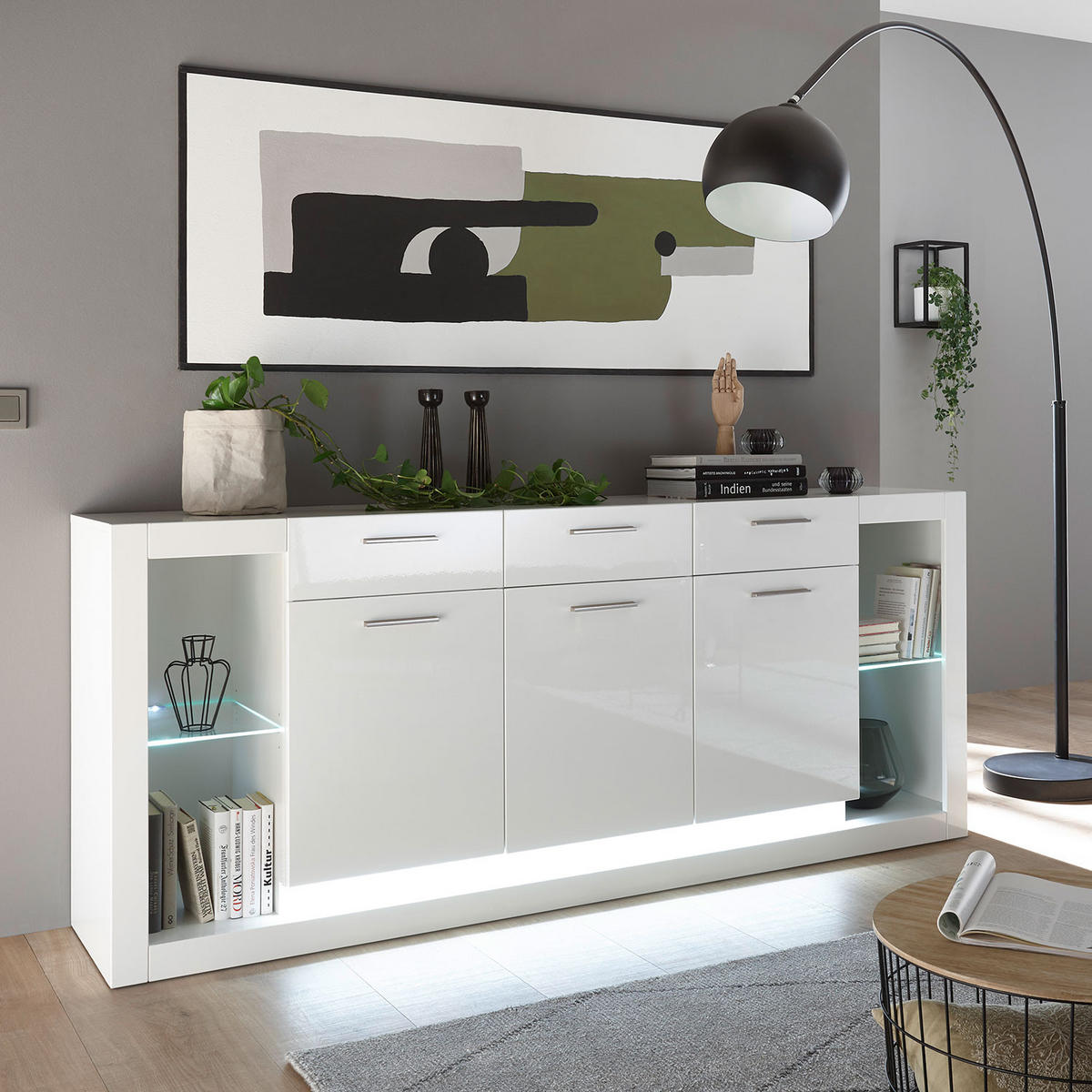 SIDEBOARD Meran weiß Hochglanz 198 / 43 / 83cm - Weiß Hochglanz/Eichefarben, Holz/Holzwerkstoff (198/83/43cm) - Feldmann-Wohnen