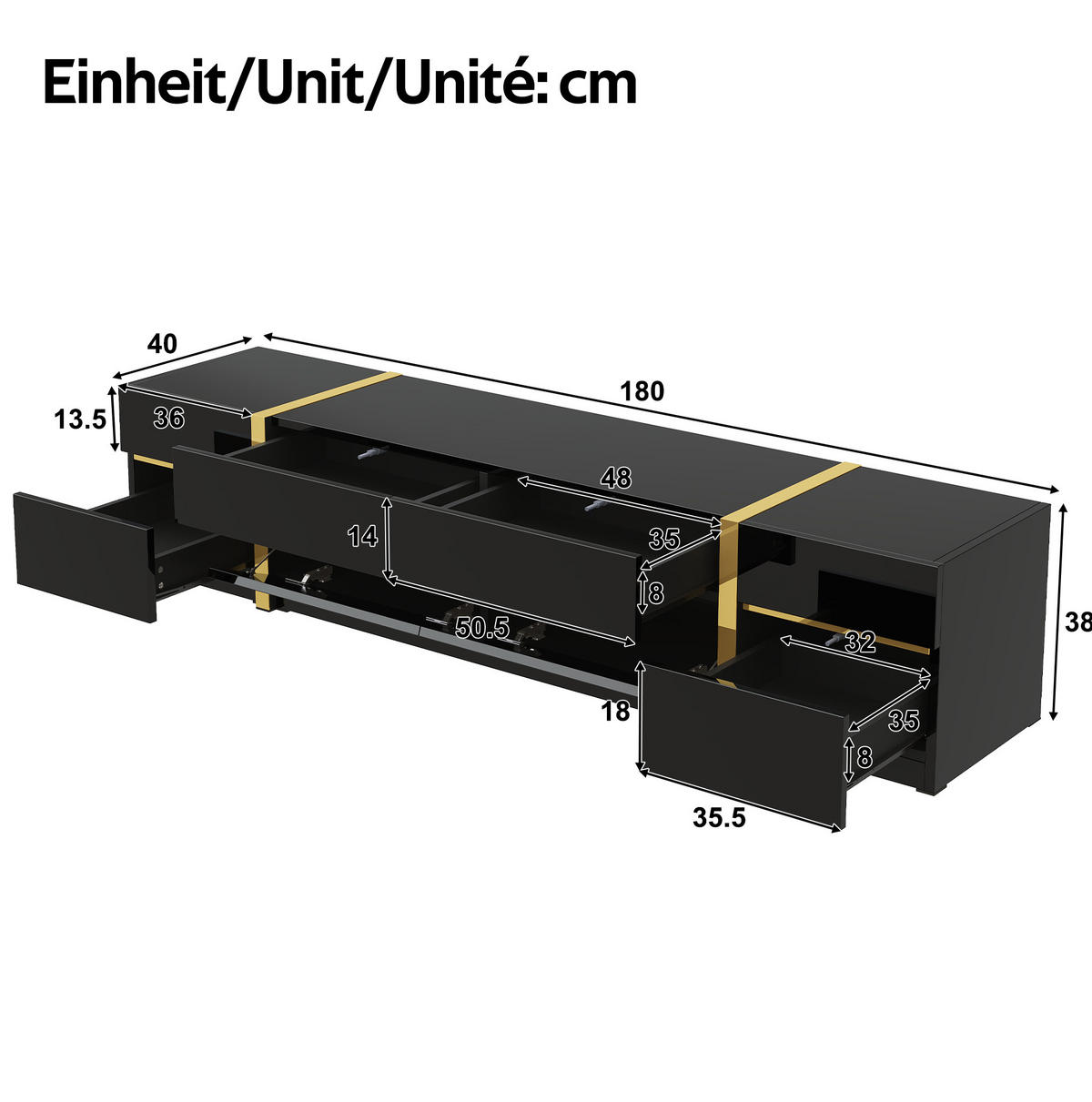 TV-SCHRANK 180/40/38 cm schwarz aus MDF mit 4 Schubladen - Schwarz, Holzwerkstoff (180/38/40cm) - OKWISH