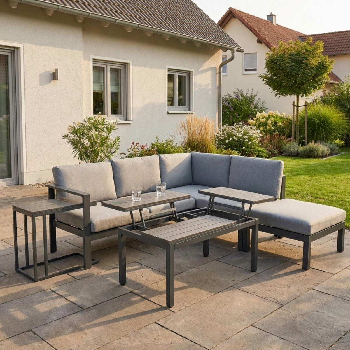 LOUNGE-SET Braga Grau 5-Sitzer mit höhenverstellbarem Tisch - Grau, Kunststoff - bellavista - Home & Garden