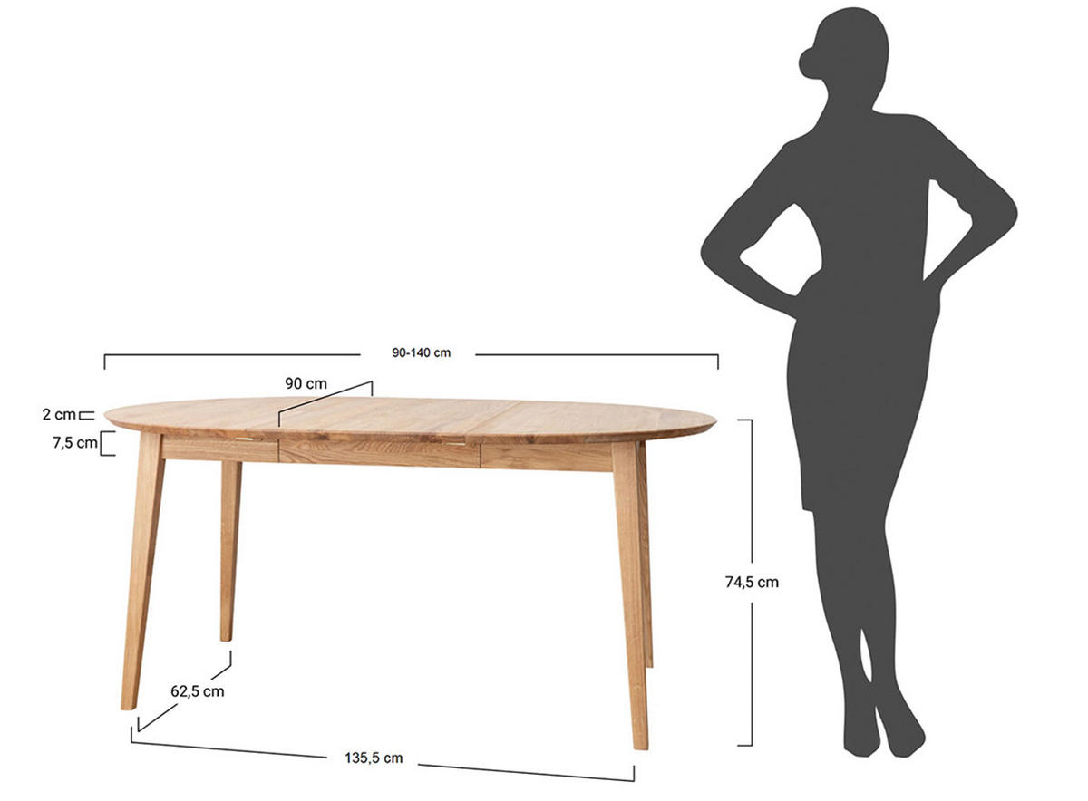 ESSTISCH Orbetello Eiche Natur 90-140 / 90 / 74,5cm - Eichefarben, Holz (90/140/74.5cm) - Feldmann-Wohnen
