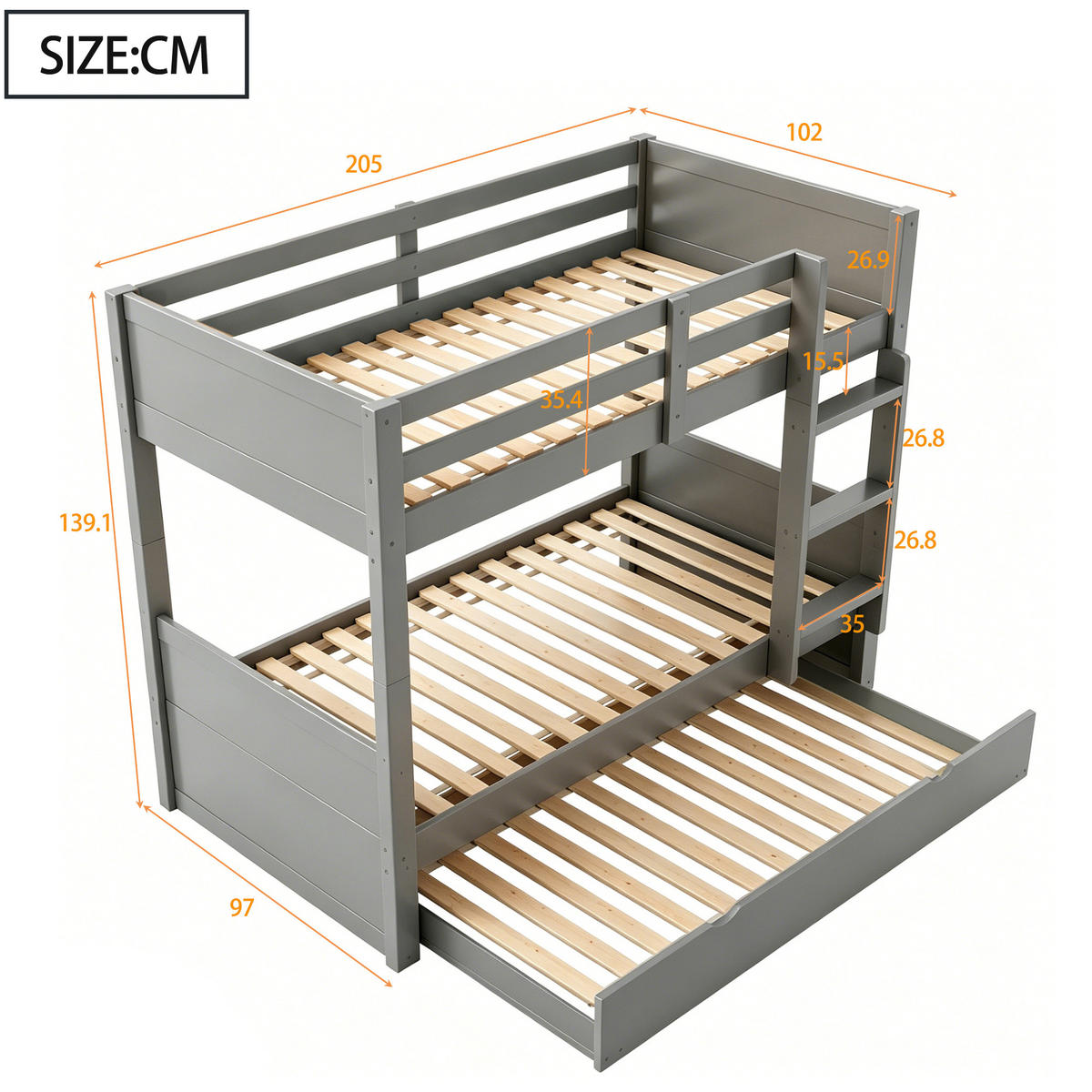 ETAGENBETT 90/200 cm in Grau aus Holz mit Ausziehbett, Sicherheitsgeländer und Lattenrost - Grau, Holz/Holzwerkstoff (90/200cm) - WISHDOR
